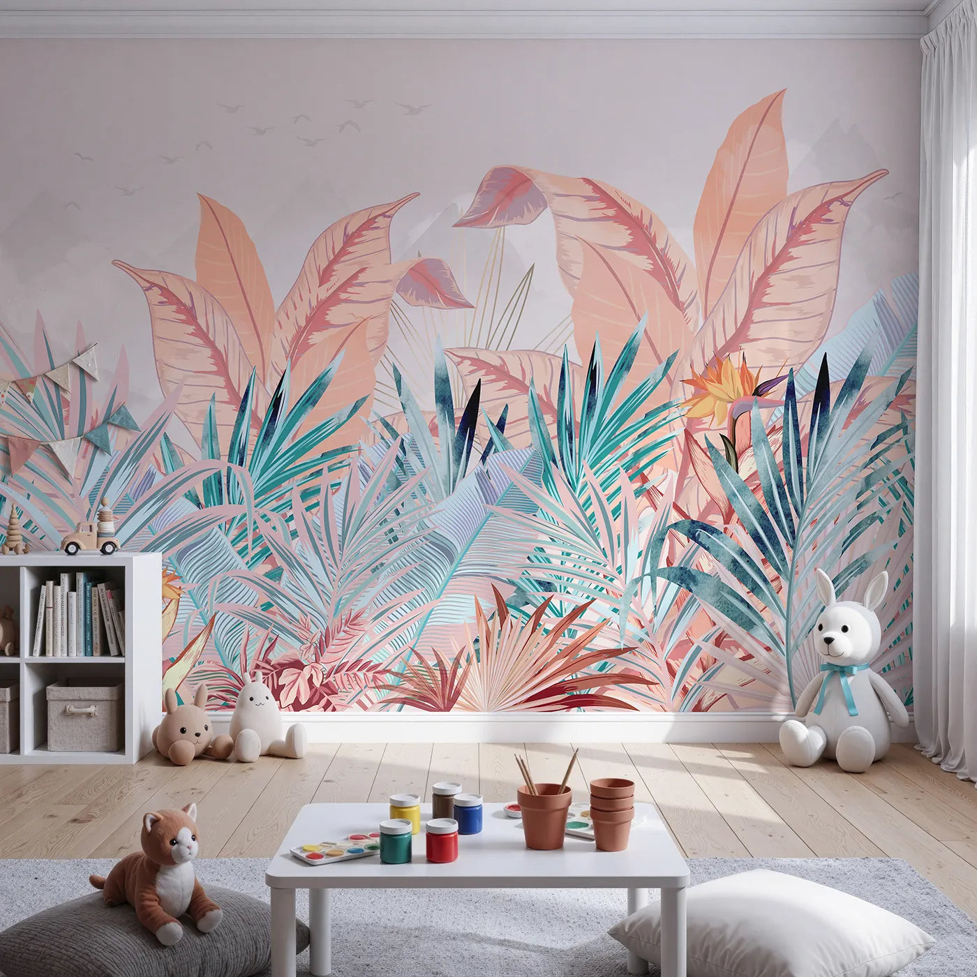 Front view of Whimsy Tots' Pastel Tropical Paradise Wall Mural