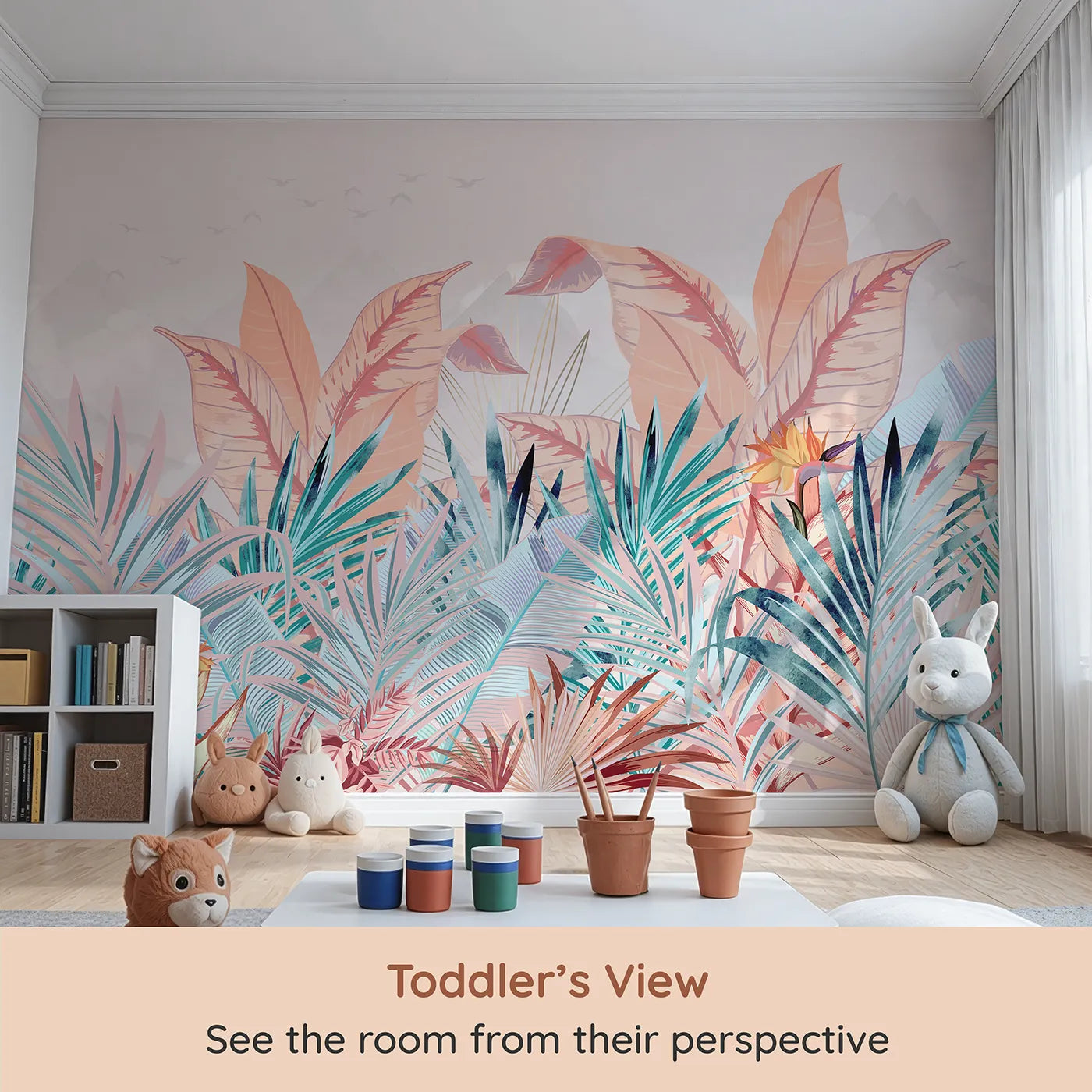 Whimsy Tots Pastel Tropical Paradise Wall Mural (Turn Their Room into a Dreamy, Otherworldly Jungle) from your child's view.Gender-Neutral