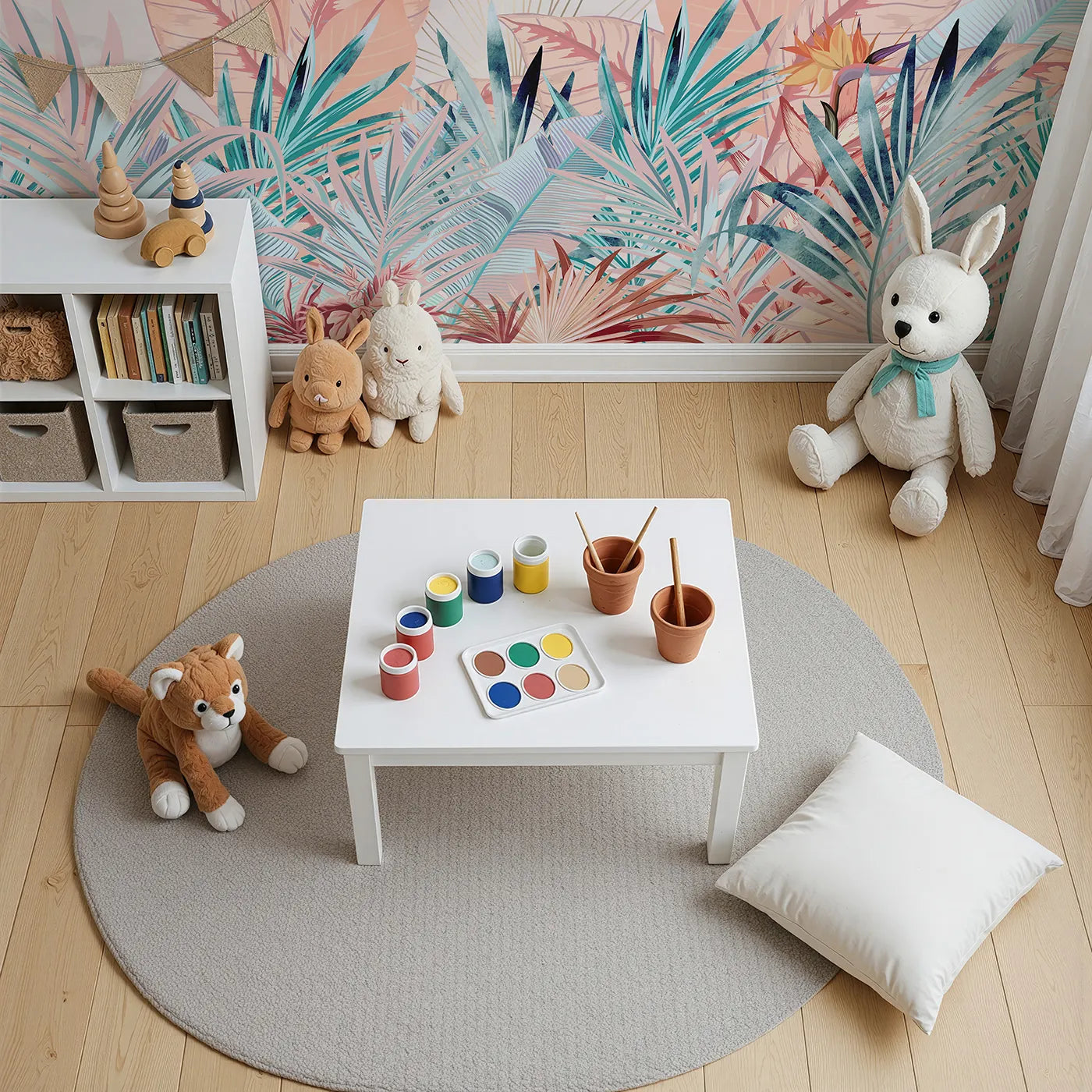 Top-down view of Whimsy Tots' Pastel Tropical Paradise Wall Mural (Turn Their Room into a Dreamy, Otherworldly Jungle).Gender-Neutral