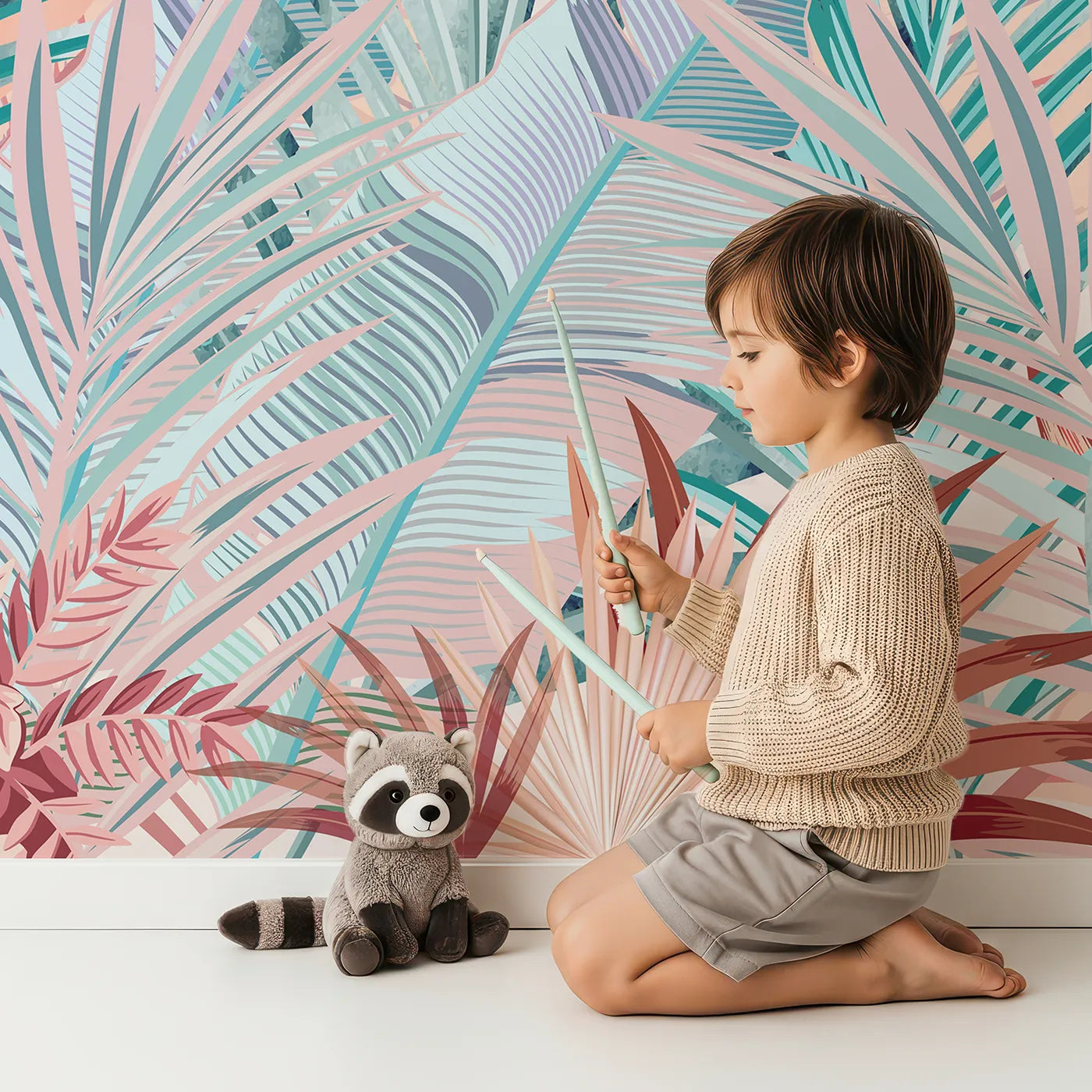 Child in front of Whimsy Tots Pastel Tropical Paradise Wall Mural with jungle, tropical, pastel, colorful, leaf, flower, vibrant, pink in design.