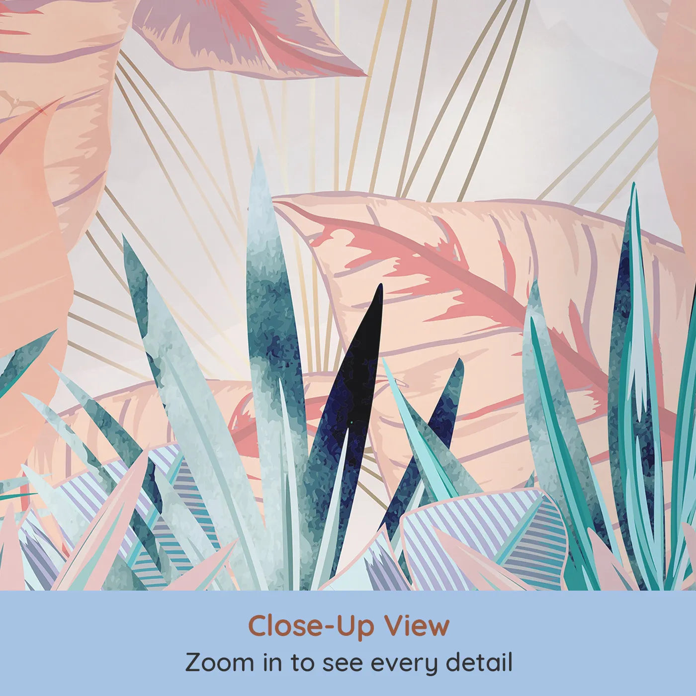 Close-up view of Whimsy Tots' Pastel Tropical Paradise Wall Mural (Turn Their Room into a Dreamy, Otherworldly Jungle).Gender-Neutral