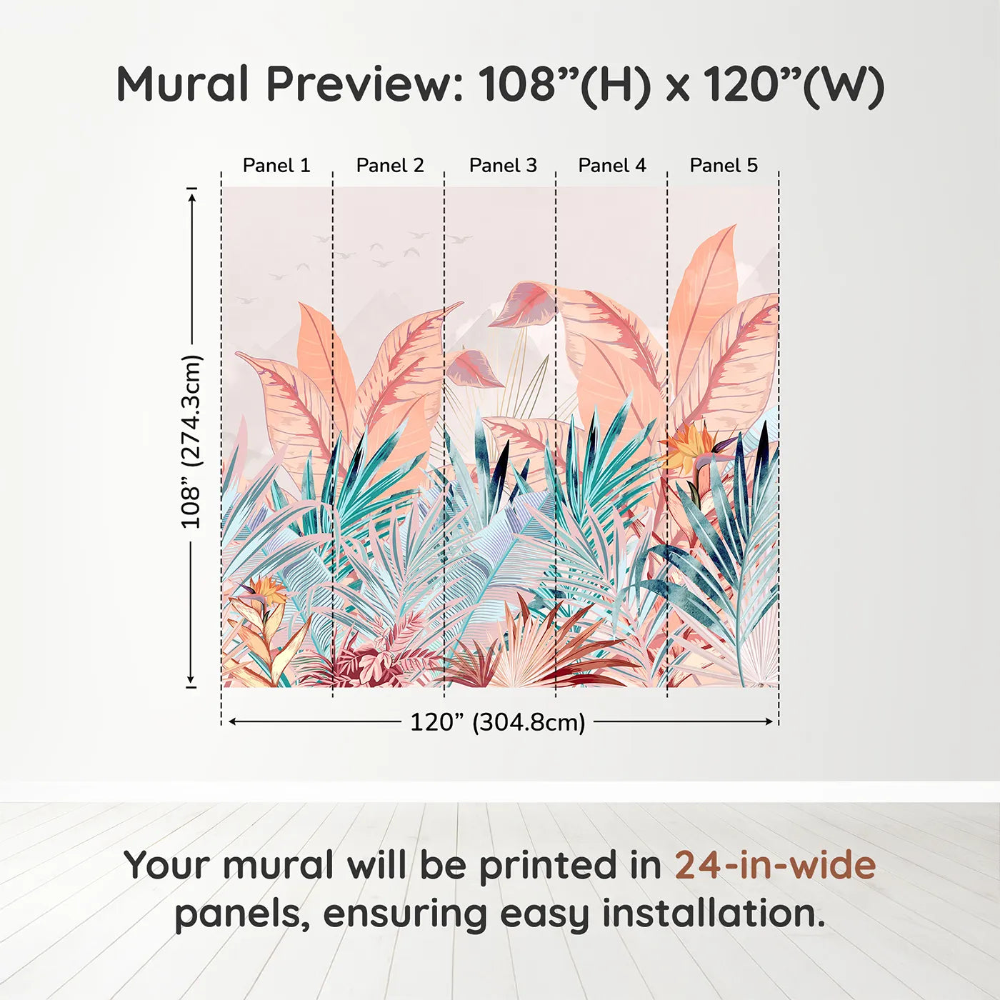 Whimsy Tots Pastel Tropical Paradise Wall Muraldimension view (108" H x 120" W). Printed in five 24-inch-wide panels. Gender-Neutral