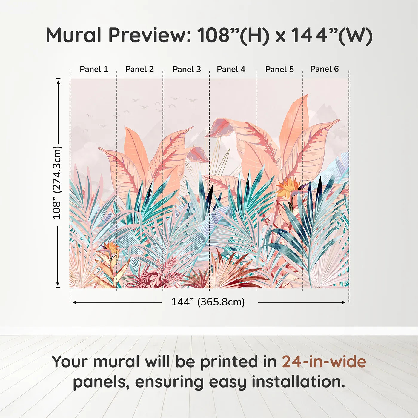 Whimsy Tots Pastel Tropical Paradise Wall Muraldimension view (108" H x 144" W). Printed in six 24-inch-wide panels. Gender-Neutral
