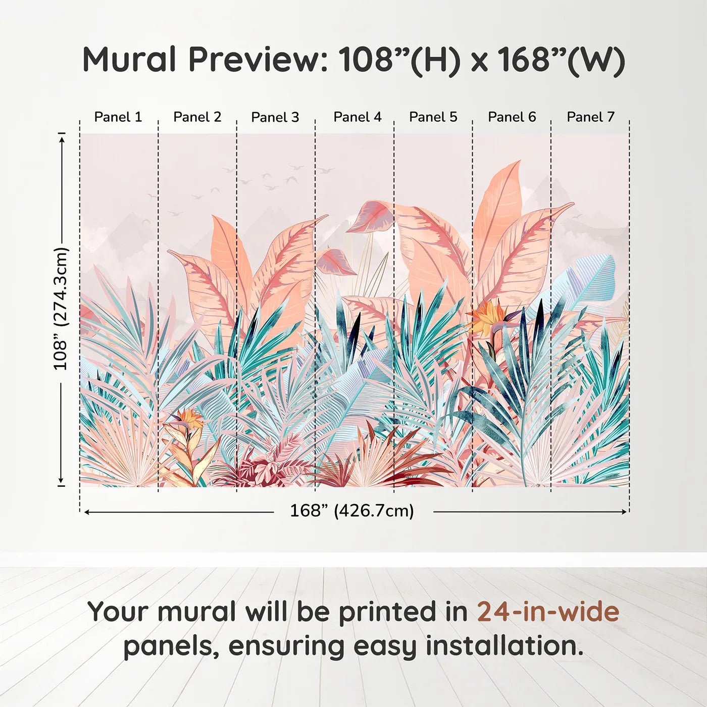 Whimsy Tots Pastel Tropical Paradise Wall Muraldimension view (108" H x 168" W). Printed in seven 24-inch-wide panels. Gender-Neutral