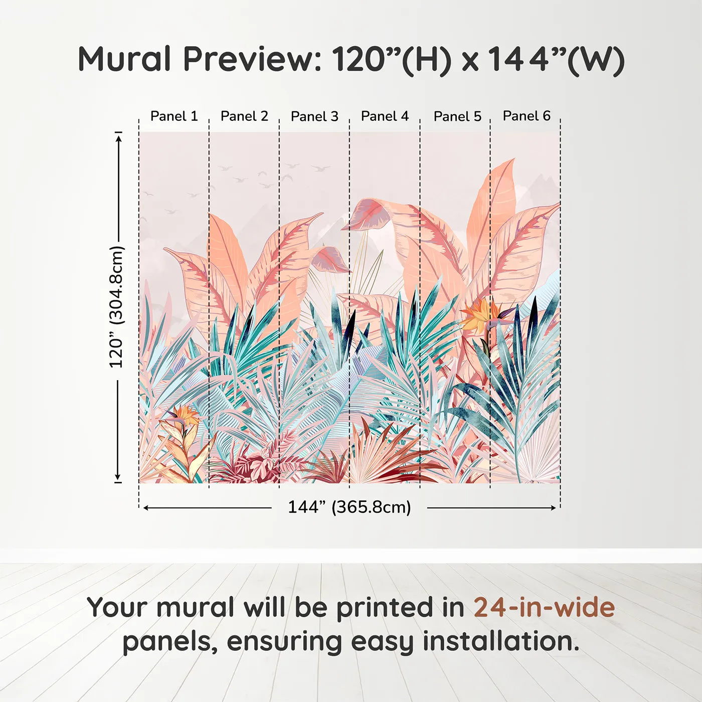 Whimsy Tots Pastel Tropical Paradise Wall Muraldimension view (120" H x 144" W). Printed in six 24-inch-wide panels. Gender-Neutral