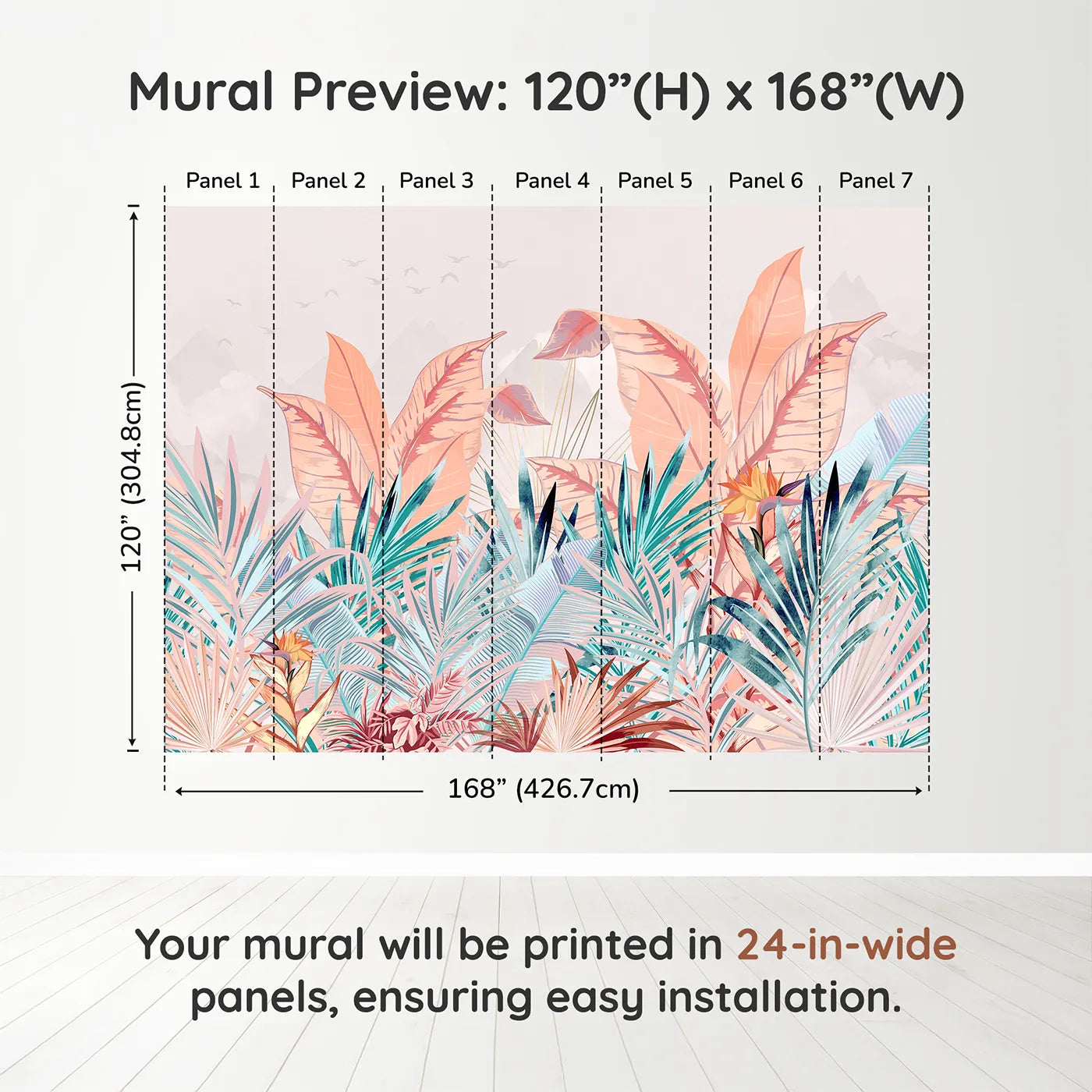 Whimsy Tots Pastel Tropical Paradise Wall Muraldimension view (120" H x 168" W). Printed in seven 24-inch-wide panels. Gender-Neutral