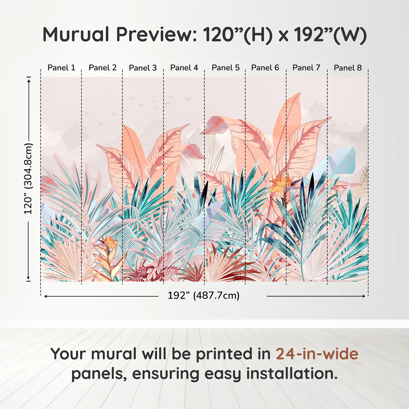 Whimsy Tots Pastel Tropical Paradise Wall Muraldimension view (120" H x 192" W). Printed in eight 24-inch-wide panels. Gender-Neutral