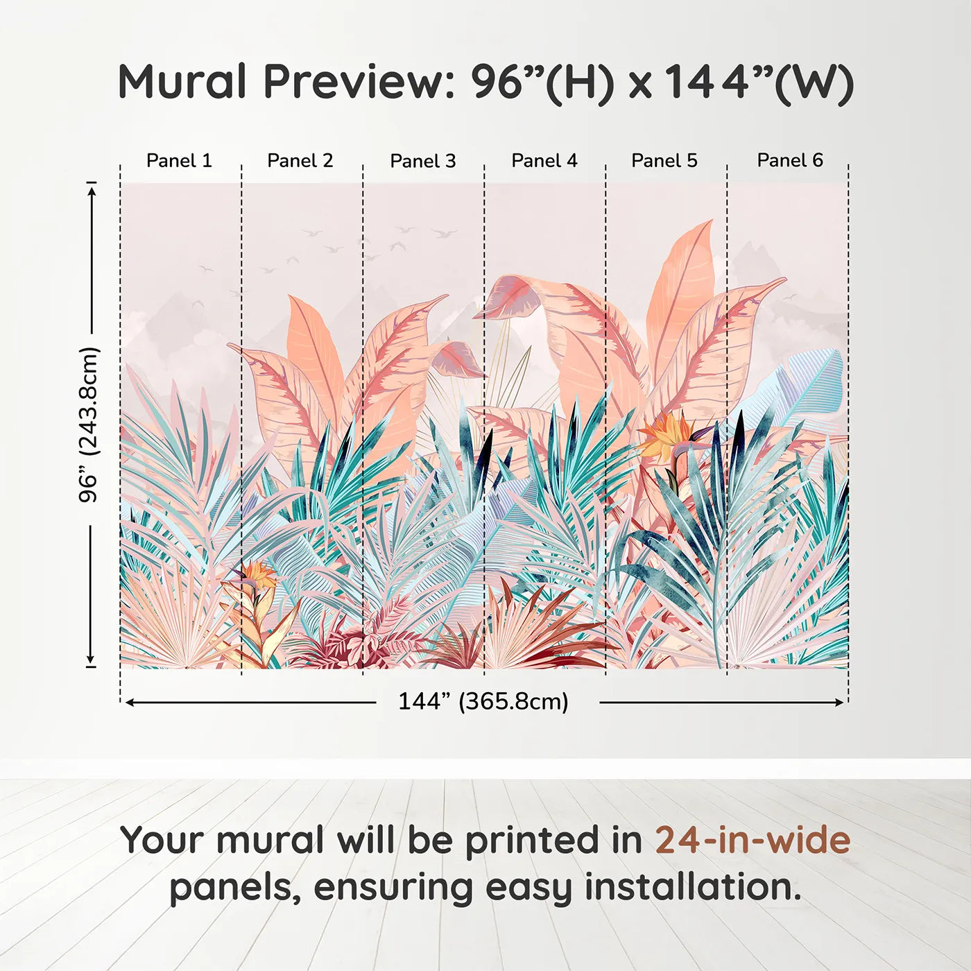 Whimsy Tots Pastel Tropical Paradise Wall Muraldimension view (96" H x 144" W). Printed in six 24-inch-wide panels. Gender-Neutral