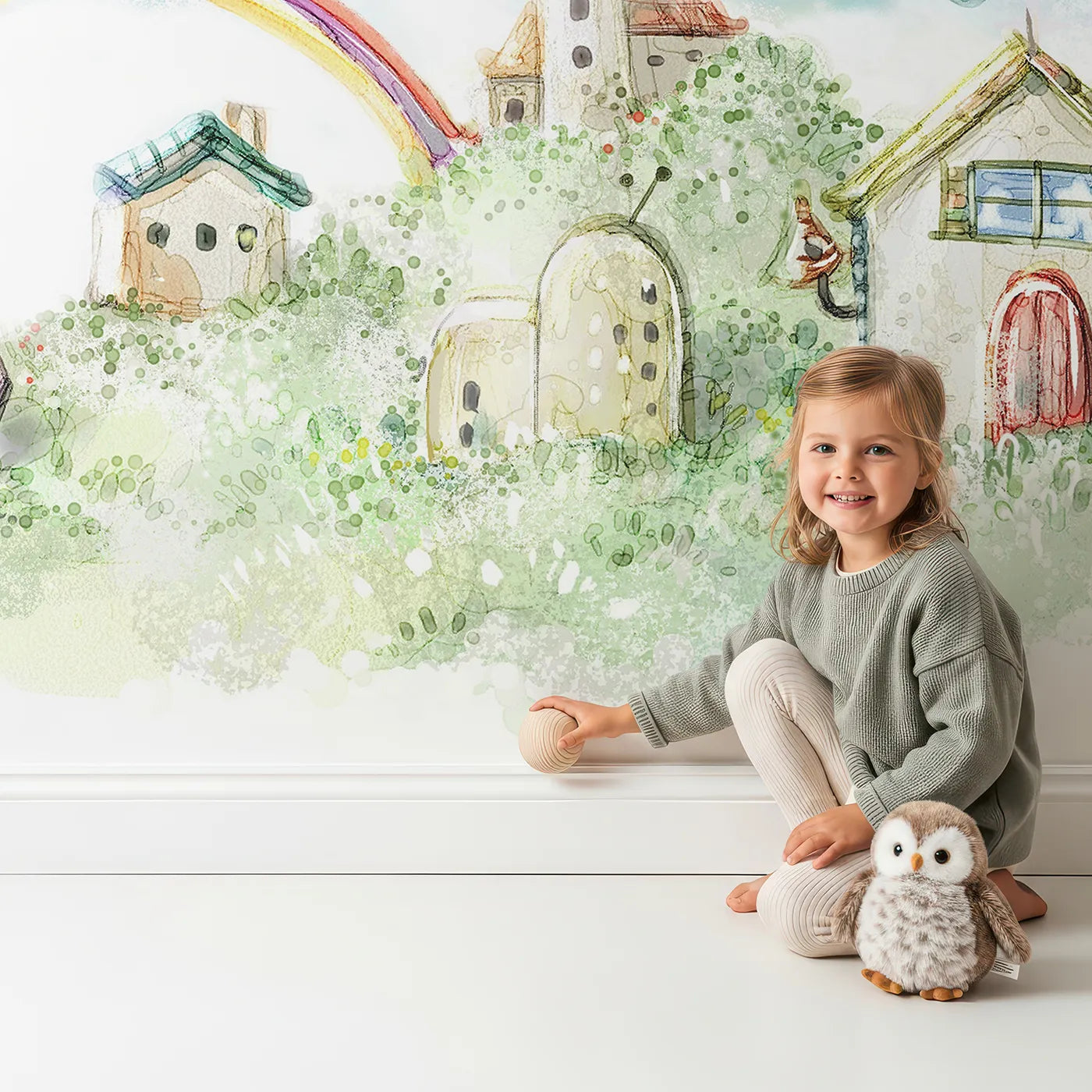 Child in front of Whimsy Tots Whimsical City of Dreams Wall Mural with city, fantasy, whimsical, sun, castle, magic, detailed, cute in design.