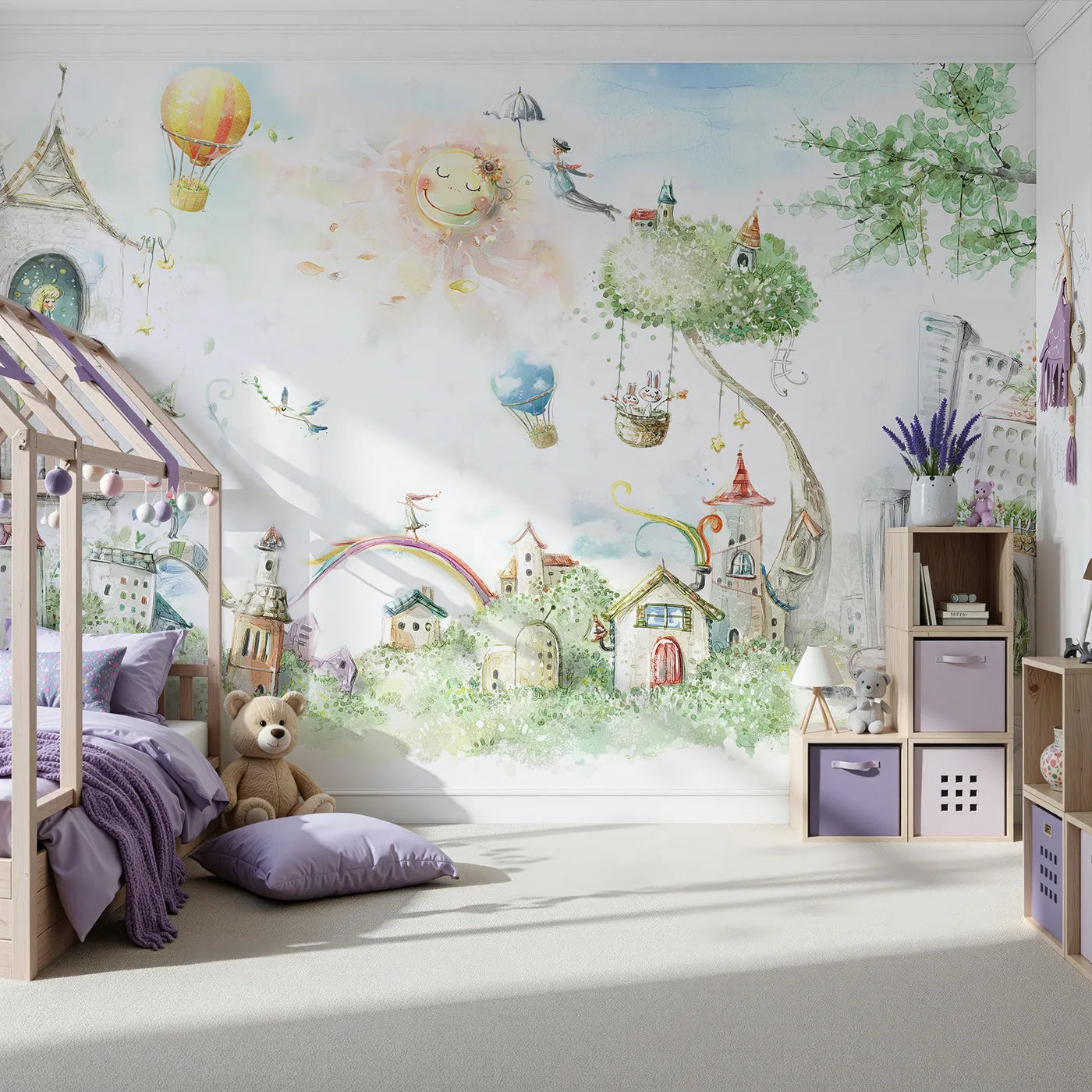 Front view of Whimsy Tots' Whimsical City of Dreams Wall Mural