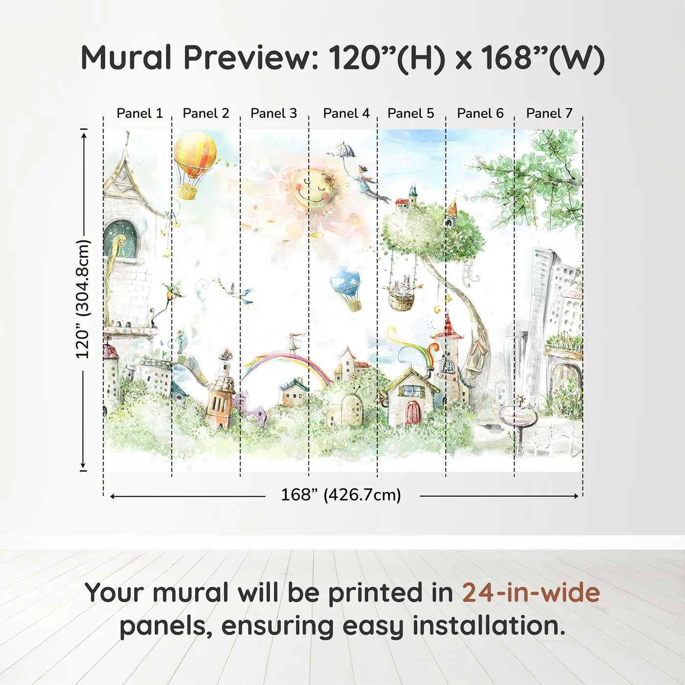 Whimsy Tots Whimsical City of Dreams Wall Muraldimension view (120" H x 168" W). Printed in seven 24-inch-wide panels. Gender-Neutral