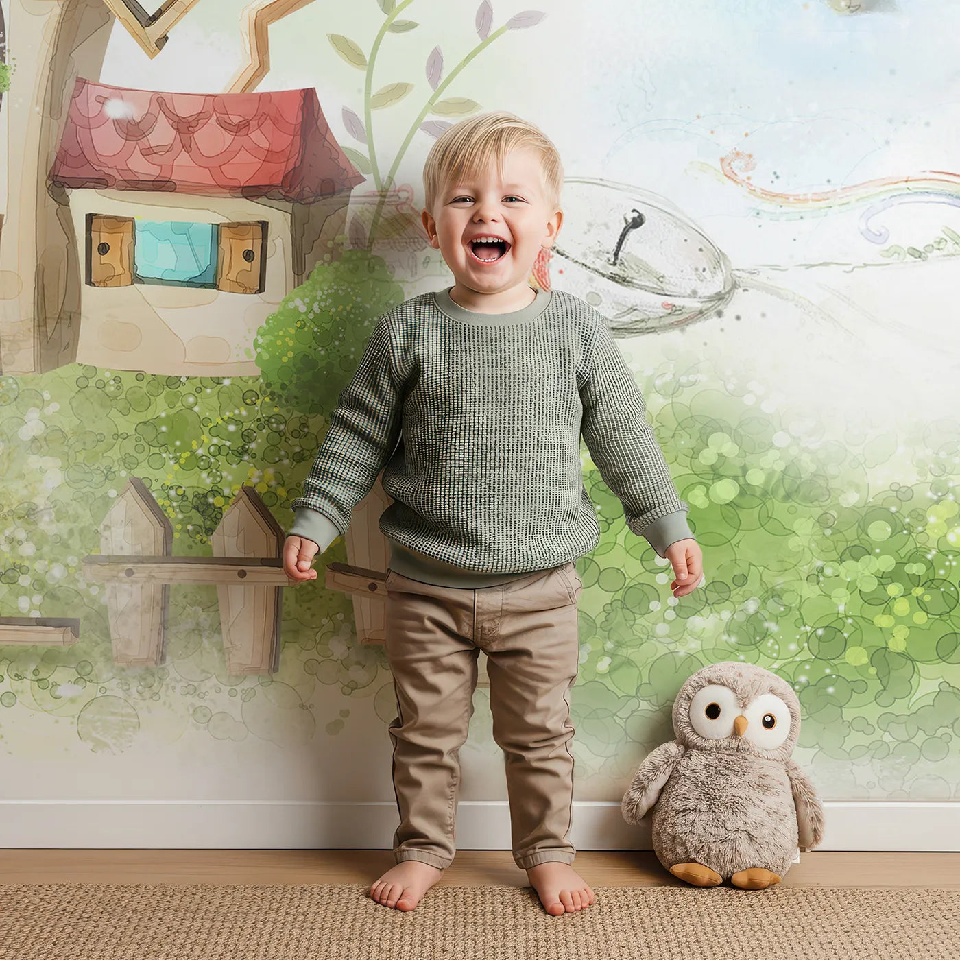 Child in front of Whimsy Tots Worlds of Imagination Wall Mural with surreal, fantasy, whimsical, tv, city, countryside, imaginative, dream in design.
