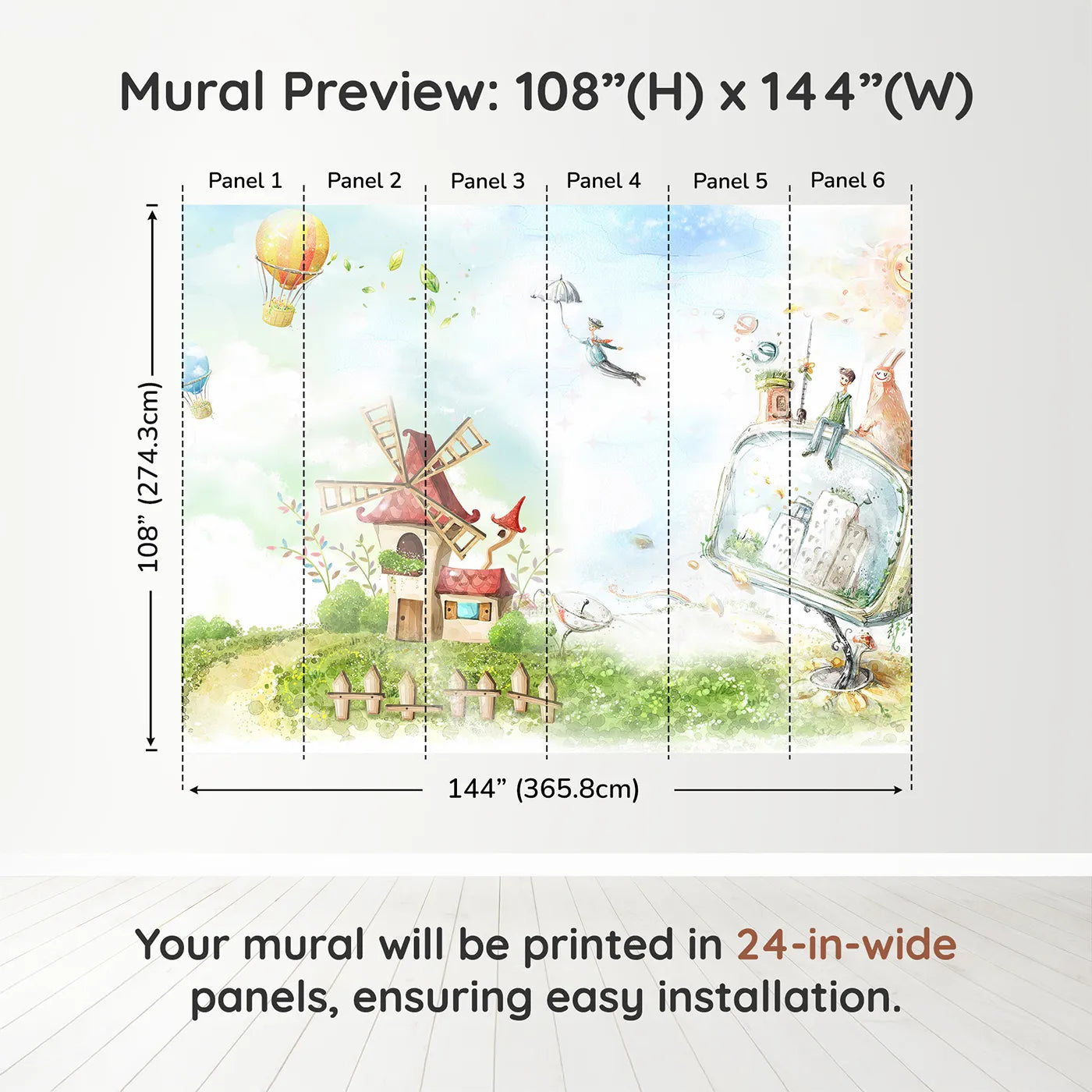 Whimsy Tots Worlds of Imagination Wall Muraldimension view (108" H x 144" W). Printed in six 24-inch-wide panels. Gender-Neutral