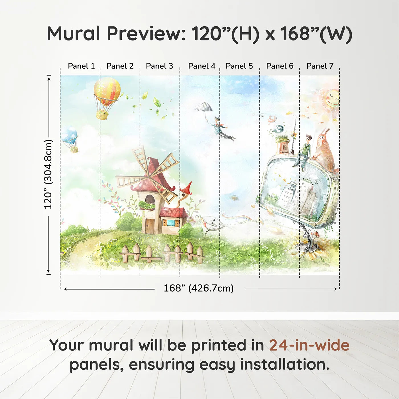 Whimsy Tots Worlds of Imagination Wall Muraldimension view (120" H x 168" W). Printed in seven 24-inch-wide panels. Gender-Neutral