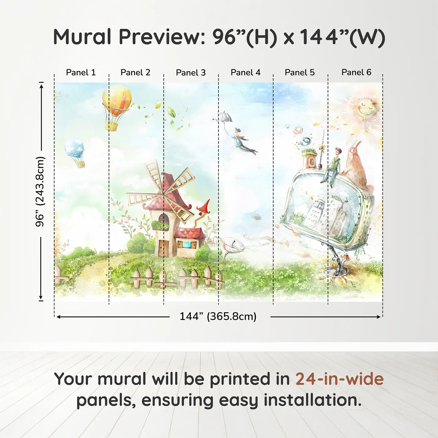 Whimsy Tots Worlds of Imagination Wall Muraldimension view (96" H x 144" W). Printed in six 24-inch-wide panels. Gender-Neutral