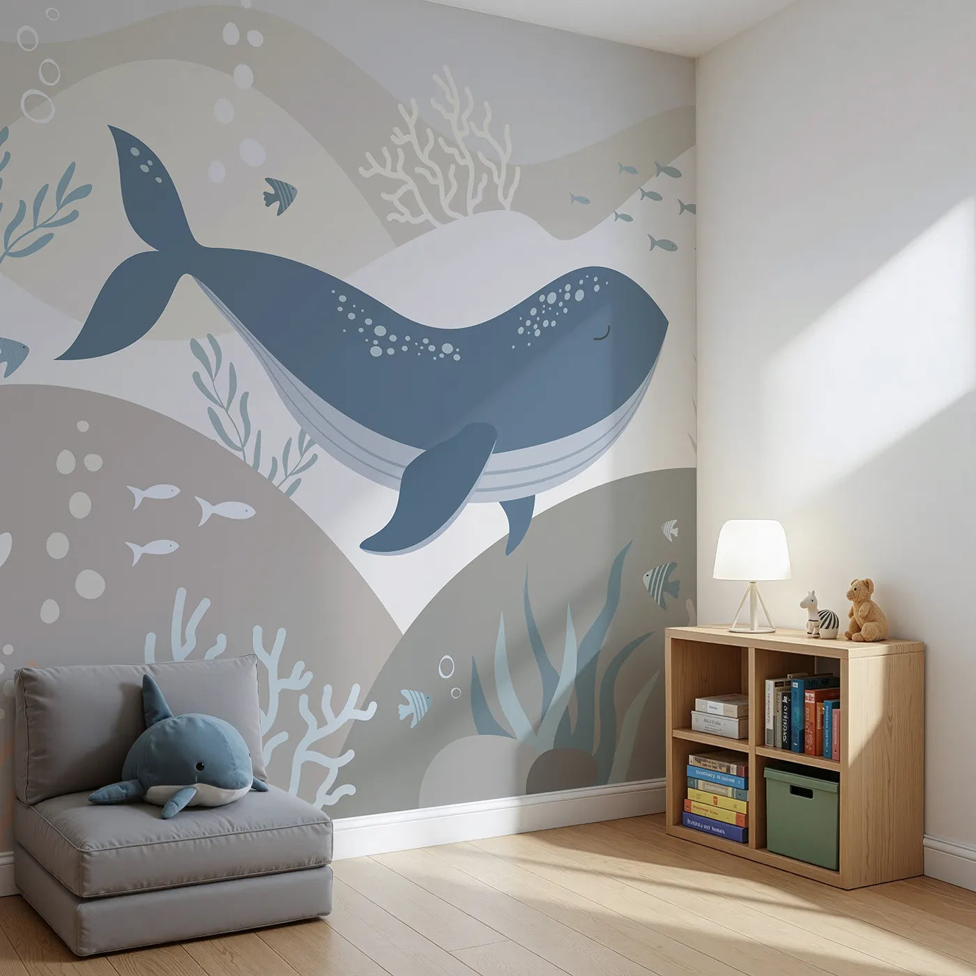 Angled view of Whimsy Tots' Neutral Tone Whale and Coral Wall Mural (Turn Their Room into a Calm and Modern Seascape).Gender-Neutral