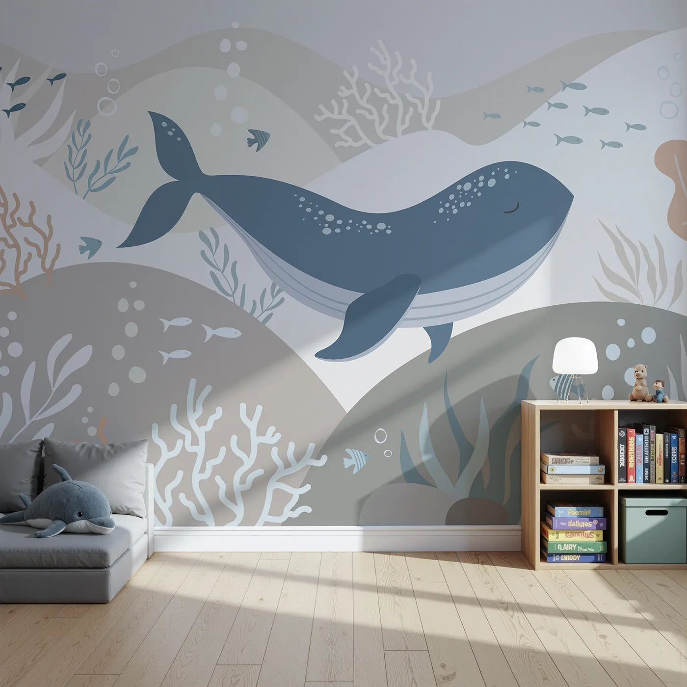 Front view of Whimsy Tots' Neutral Tone Whale and Coral Wall Mural