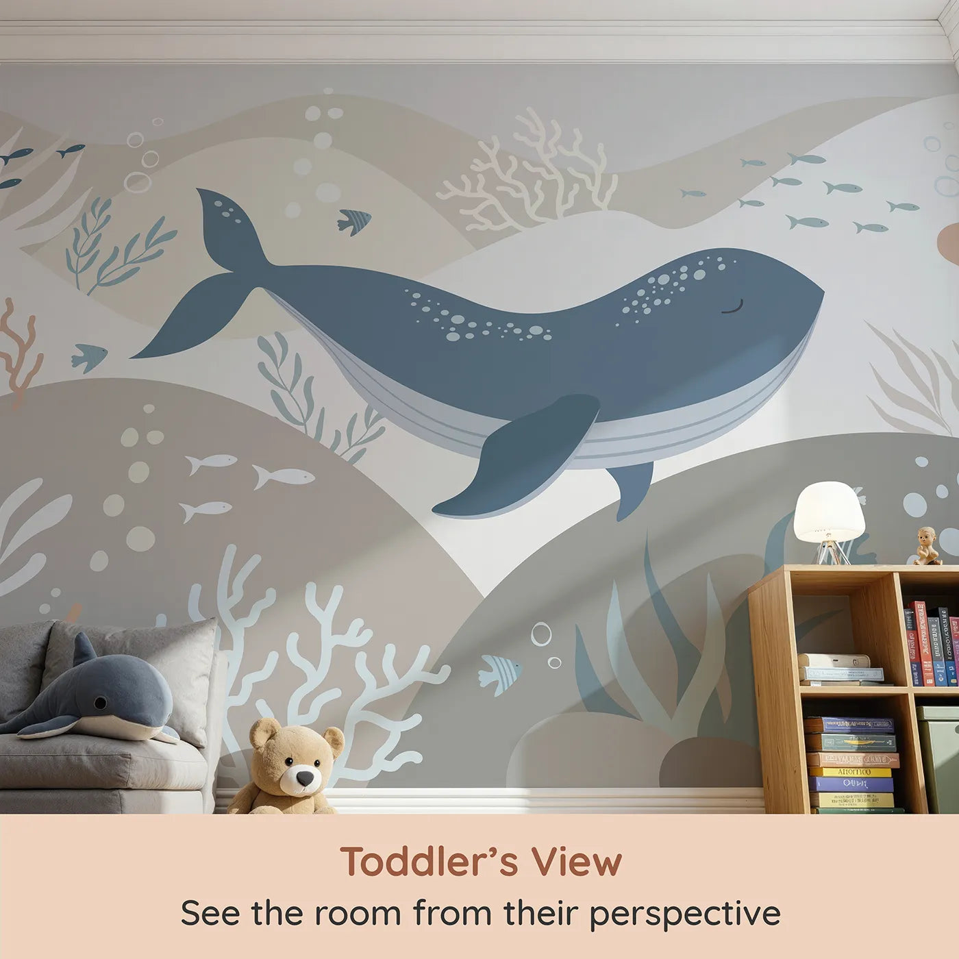 Whimsy Tots Neutral Tone Whale and Coral Wall Mural (Turn Their Room into a Calm and Modern Seascape) from your child's view.Gender-Neutral