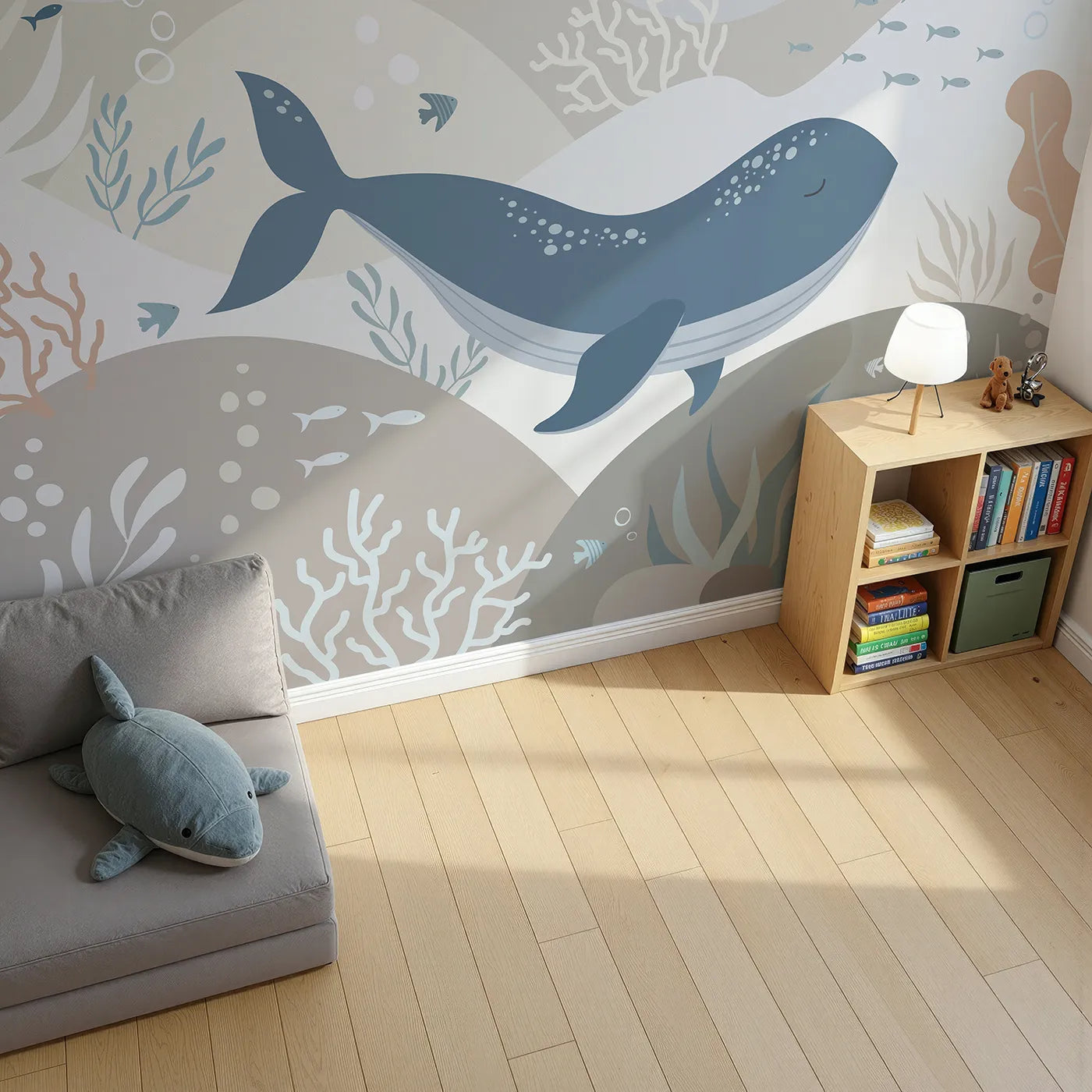 Top-down view of Whimsy Tots' Neutral Tone Whale and Coral Wall Mural (Turn Their Room into a Calm and Modern Seascape).Gender-Neutral