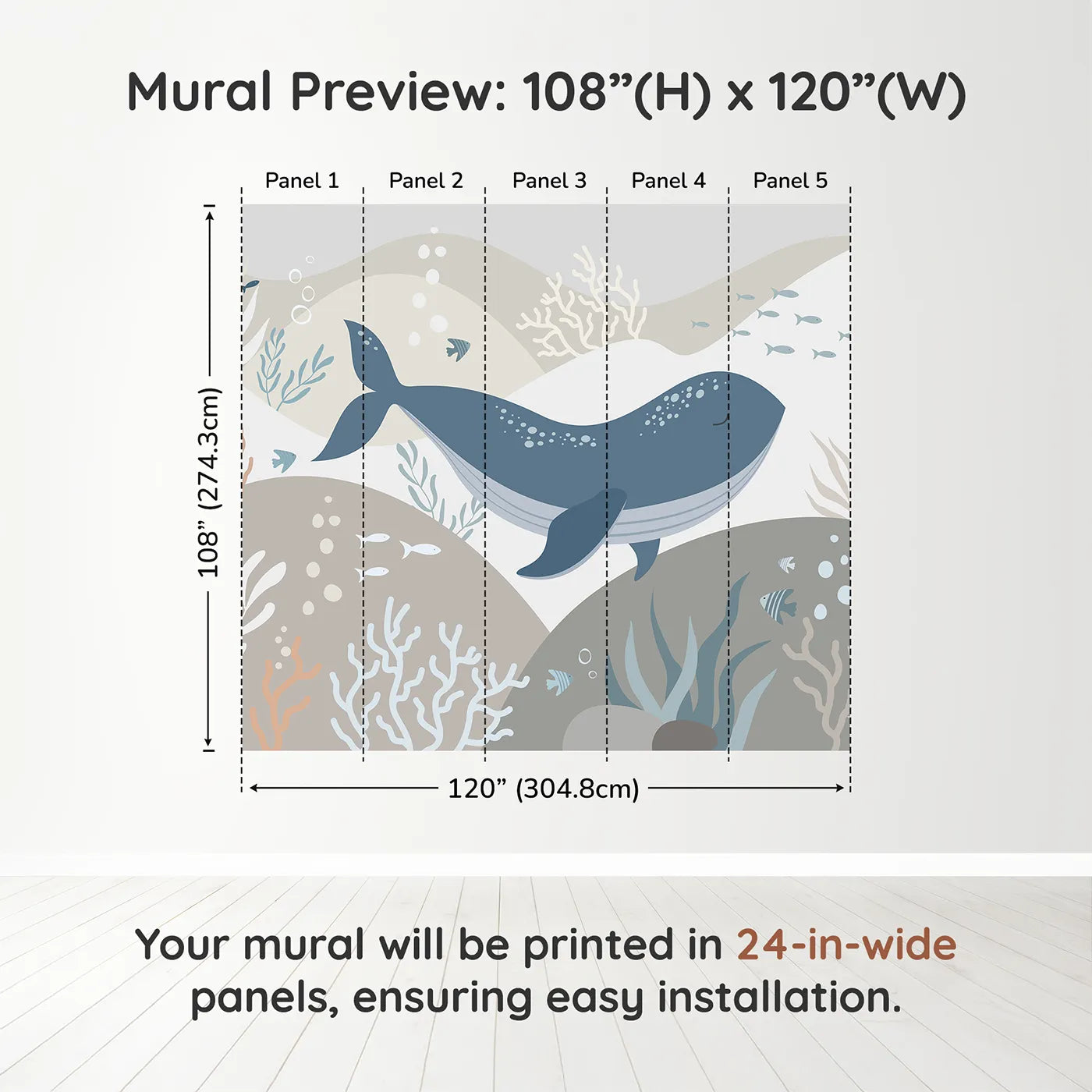 Whimsy Tots Neutral Tone Whale and Coral Wall Muraldimension view (108" H x 120" W). Printed in five 24-inch-wide panels. Gender-Neutral