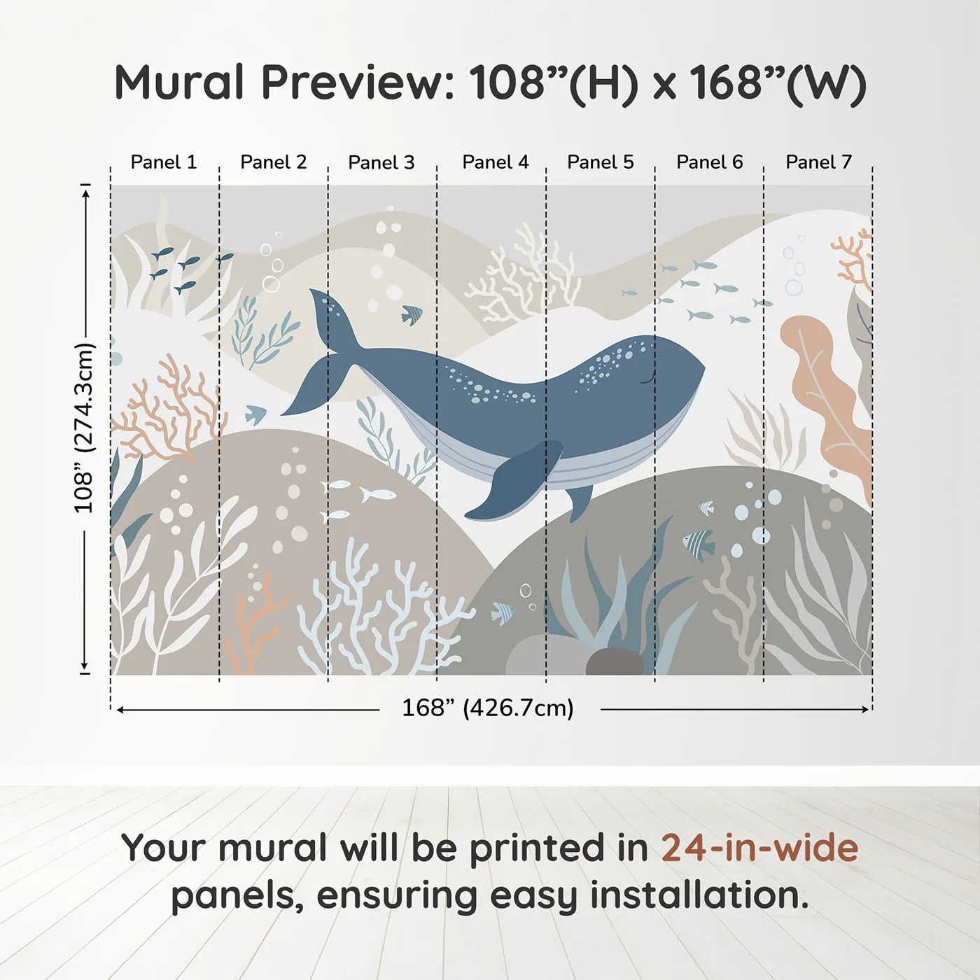 Whimsy Tots Neutral Tone Whale and Coral Wall Muraldimension view (108" H x 168" W). Printed in seven 24-inch-wide panels. Gender-Neutral
