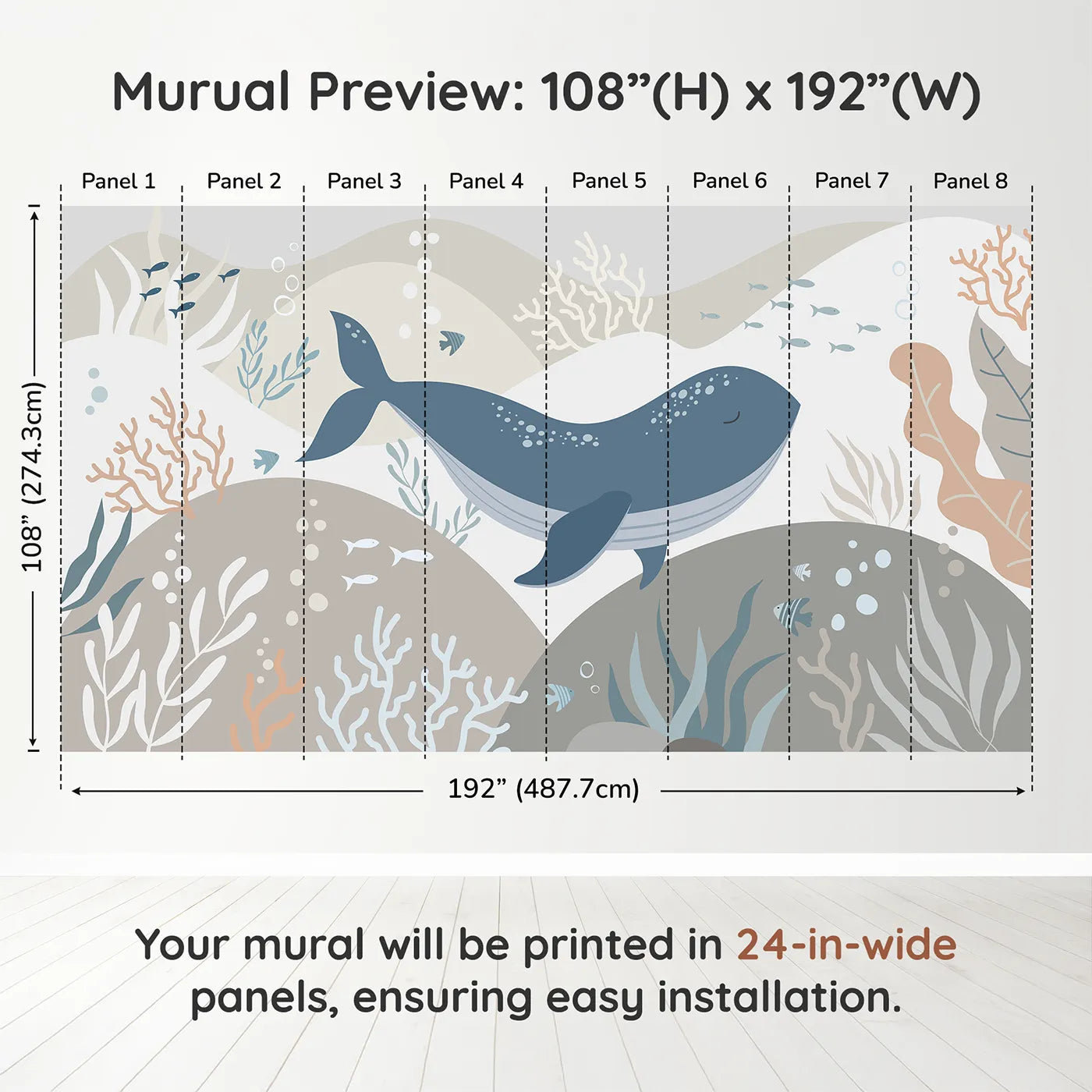 Whimsy Tots Neutral Tone Whale and Coral Wall Muraldimension view (108" H x 192" W). Printed in eight 24-inch-wide panels. Gender-Neutral