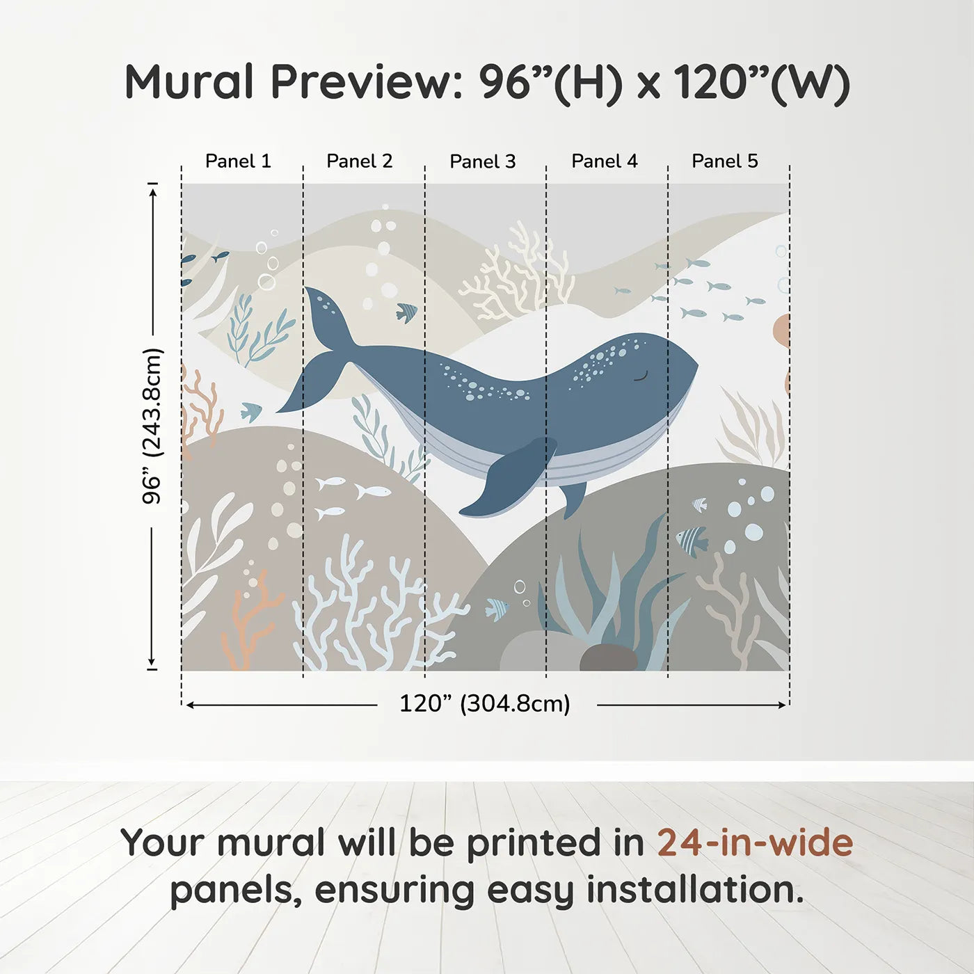 Whimsy Tots Neutral Tone Whale and Coral Wall Muraldimension view (96" H x 120" W). Printed in five 24-inch-wide panels. Gender-Neutral