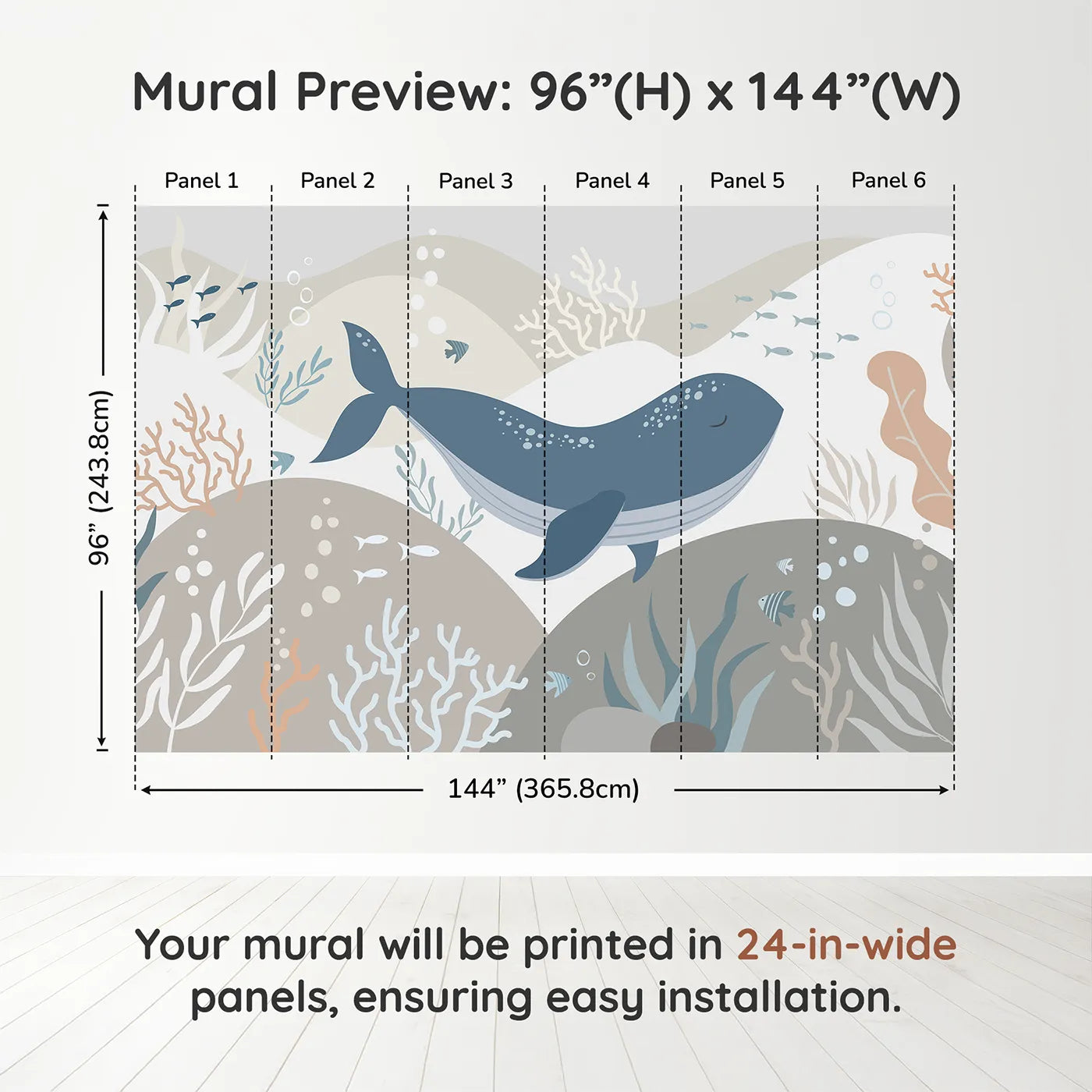 Whimsy Tots Neutral Tone Whale and Coral Wall Muraldimension view (96" H x 144" W). Printed in six 24-inch-wide panels. Gender-Neutral