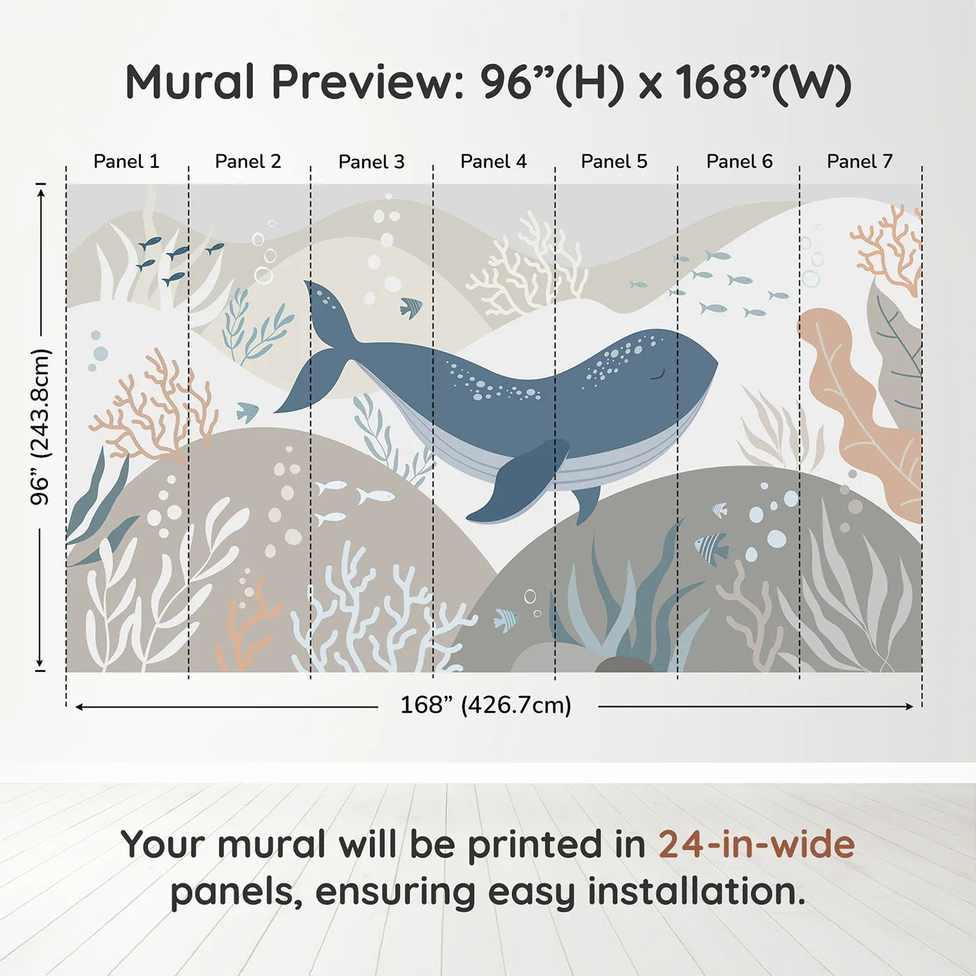 Whimsy Tots Neutral Tone Whale and Coral Wall Muraldimension view (96" H x 168" W). Printed in seven 24-inch-wide panels. Gender-Neutral