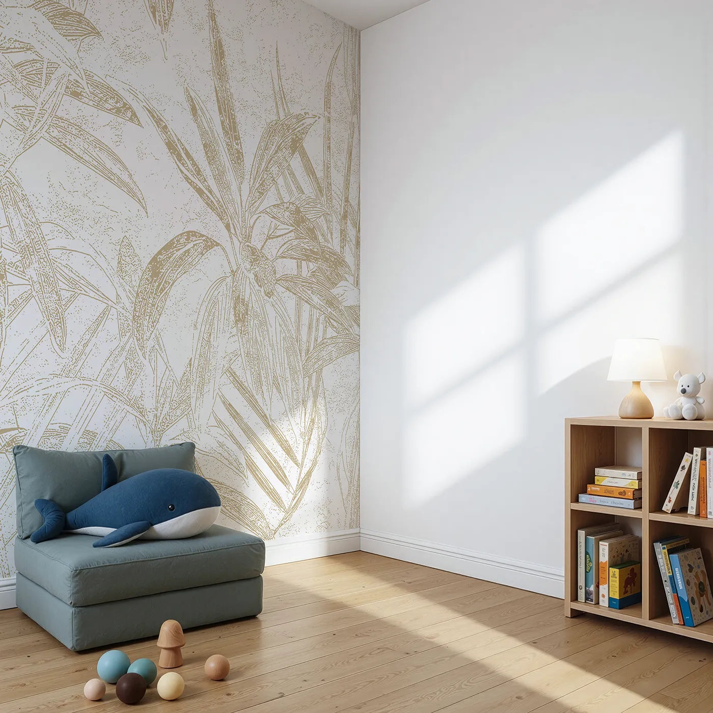 Angled view of Whimsy Tots' Golden Bamboo Line Art Wall Mural (Turn Their Room into a Chic and Sunny Garden).Gender-Neutral