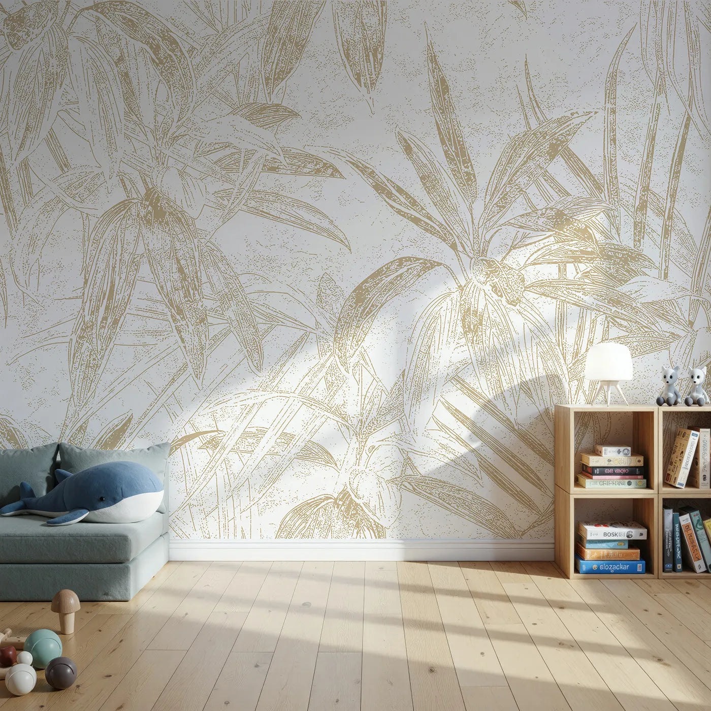 Front view of Whimsy Tots' Golden Bamboo Line Art Wall Mural