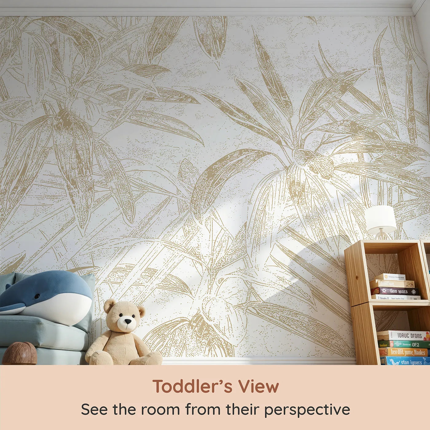 Whimsy Tots Golden Bamboo Line Art Wall Mural (Turn Their Room into a Chic and Sunny Garden) from your child's view.Gender-Neutral