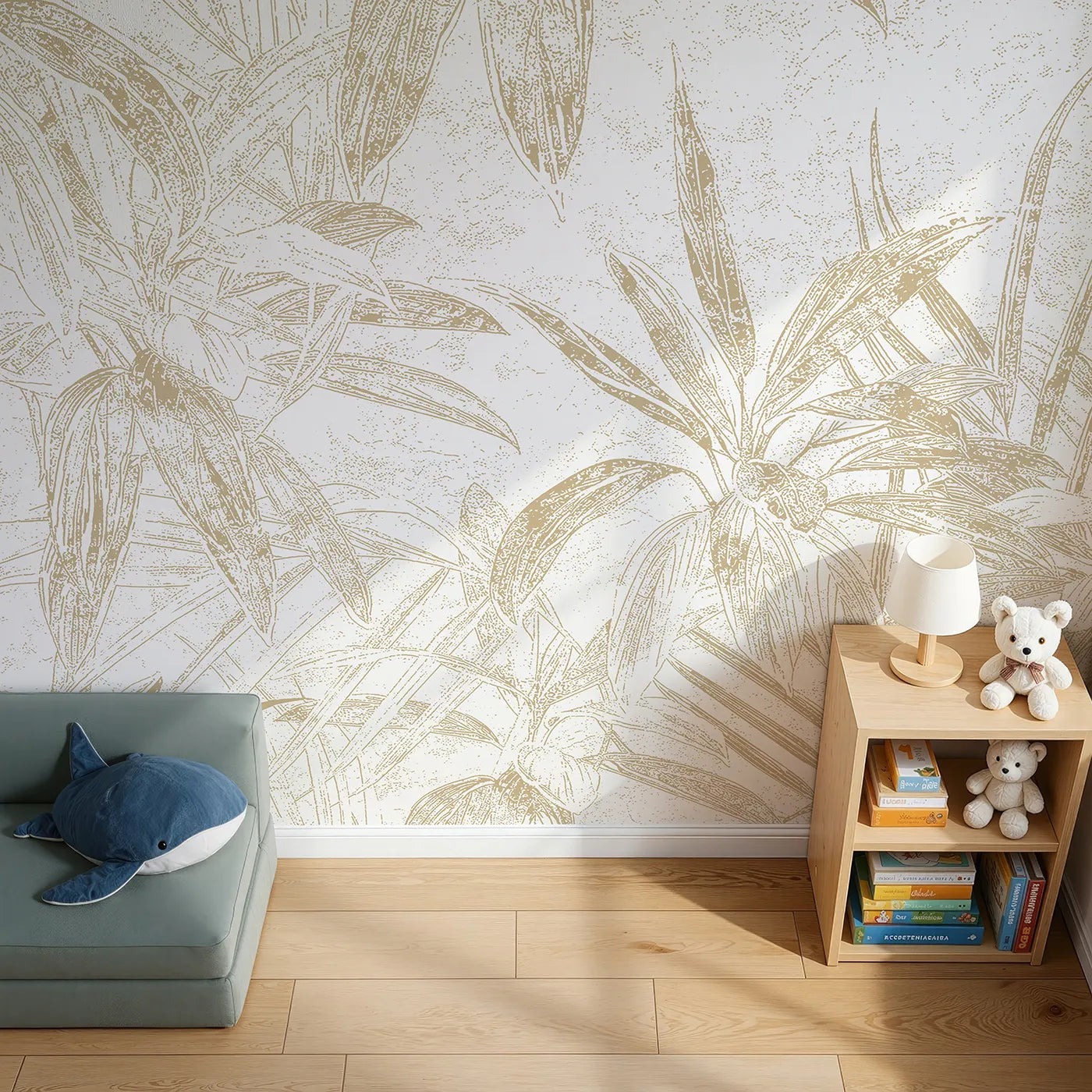Top-down view of Whimsy Tots' Golden Bamboo Line Art Wall Mural (Turn Their Room into a Chic and Sunny Garden).Gender-Neutral