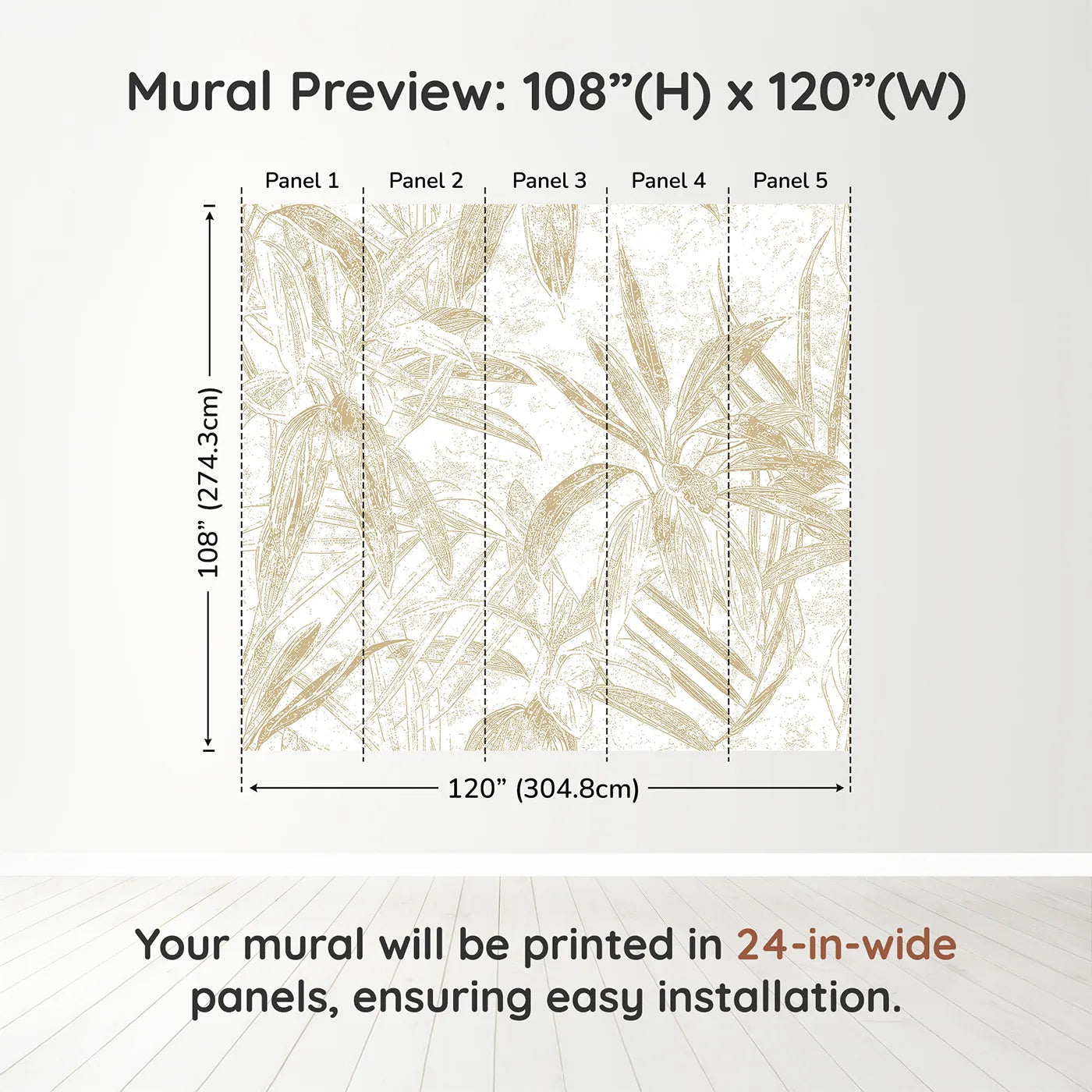 Whimsy Tots Golden Bamboo Line Art Wall Muraldimension view (108" H x 120" W). Printed in five 24-inch-wide panels. Gender-Neutral