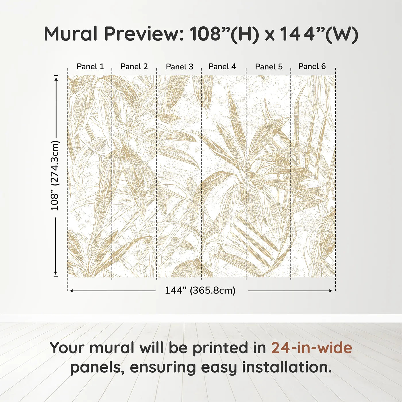 Whimsy Tots Golden Bamboo Line Art Wall Muraldimension view (108" H x 144" W). Printed in six 24-inch-wide panels. Gender-Neutral