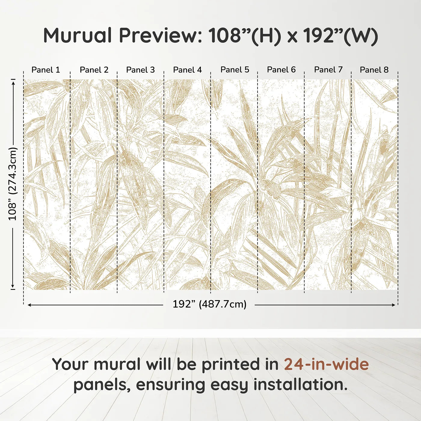 Whimsy Tots Golden Bamboo Line Art Wall Muraldimension view (108" H x 192" W). Printed in eight 24-inch-wide panels. Gender-Neutral