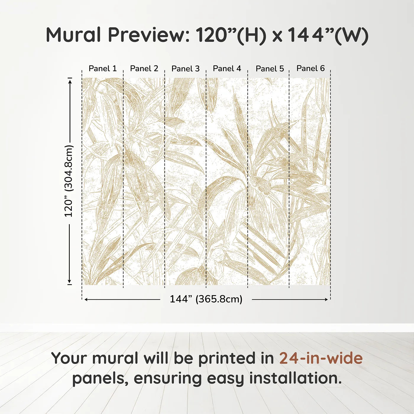 Whimsy Tots Golden Bamboo Line Art Wall Muraldimension view (120" H x 144" W). Printed in six 24-inch-wide panels. Gender-Neutral