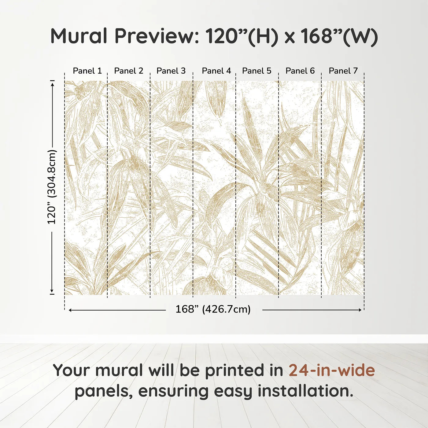 Whimsy Tots Golden Bamboo Line Art Wall Muraldimension view (120" H x 168" W). Printed in seven 24-inch-wide panels. Gender-Neutral