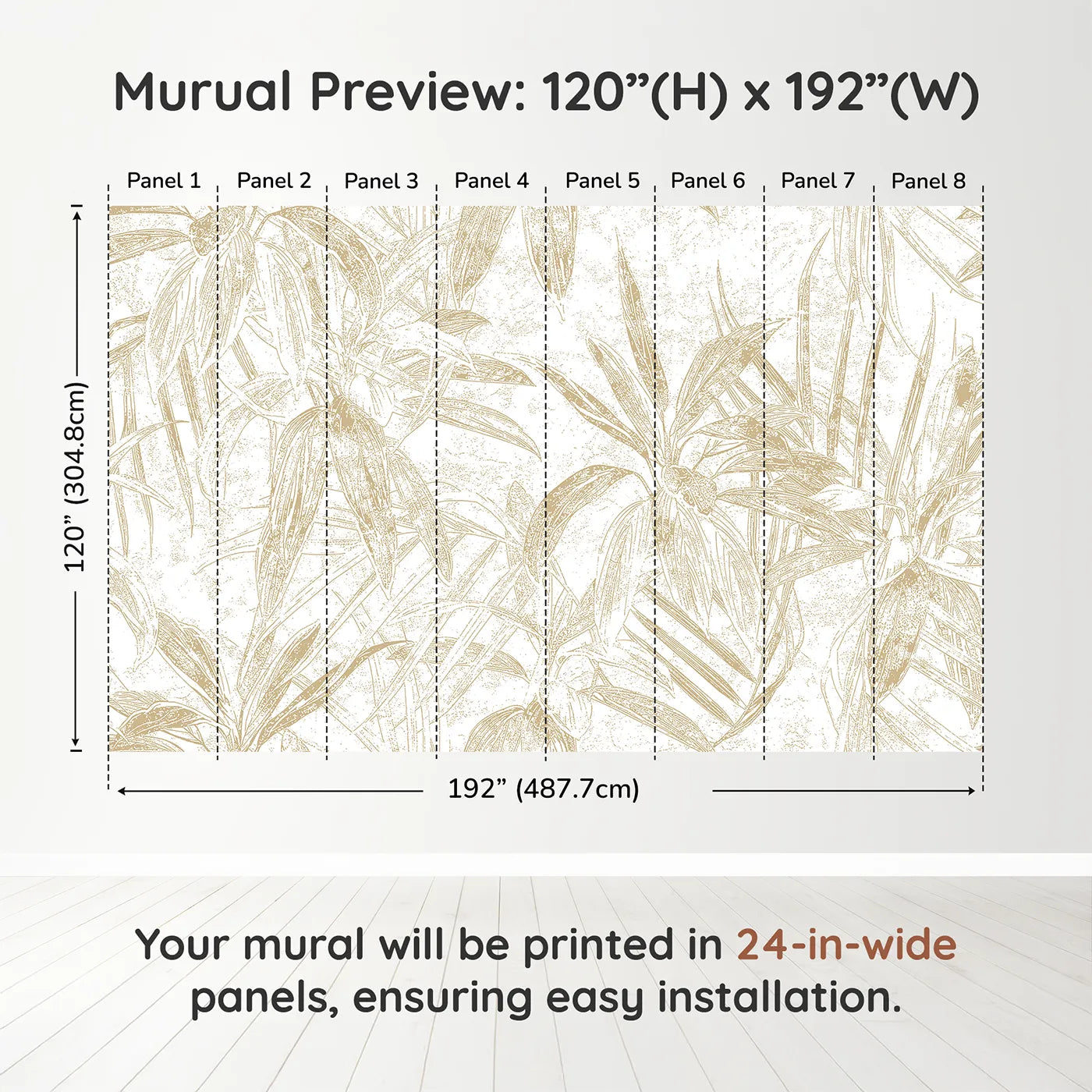 Whimsy Tots Golden Bamboo Line Art Wall Muraldimension view (120" H x 192" W). Printed in eight 24-inch-wide panels. Gender-Neutral