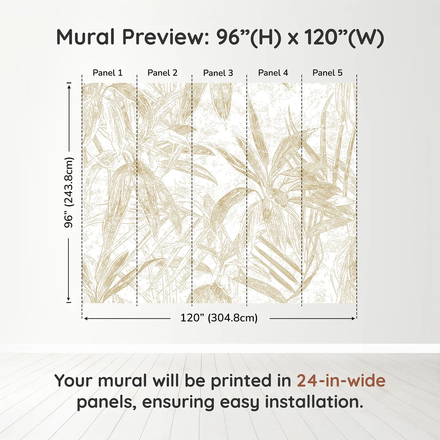 Whimsy Tots Golden Bamboo Line Art Wall Muraldimension view (96" H x 120" W). Printed in five 24-inch-wide panels. Gender-Neutral