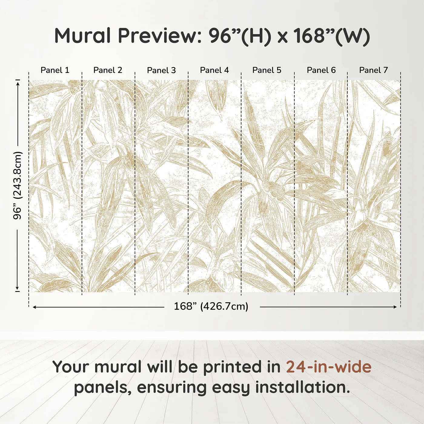 Whimsy Tots Golden Bamboo Line Art Wall Muraldimension view (96" H x 168" W). Printed in seven 24-inch-wide panels. Gender-Neutral