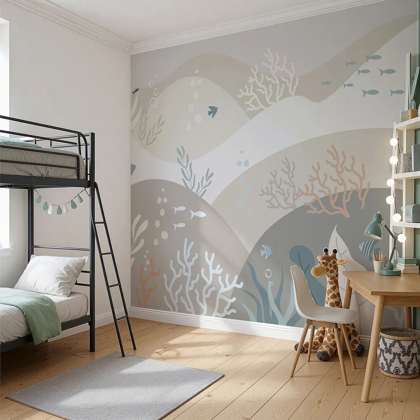 Angled view of Whimsy Tots' Neutral Tone Coral Reef Wall Mural (Turn Their Room into a Calm and Modern Seascape).Gender-Neutral
