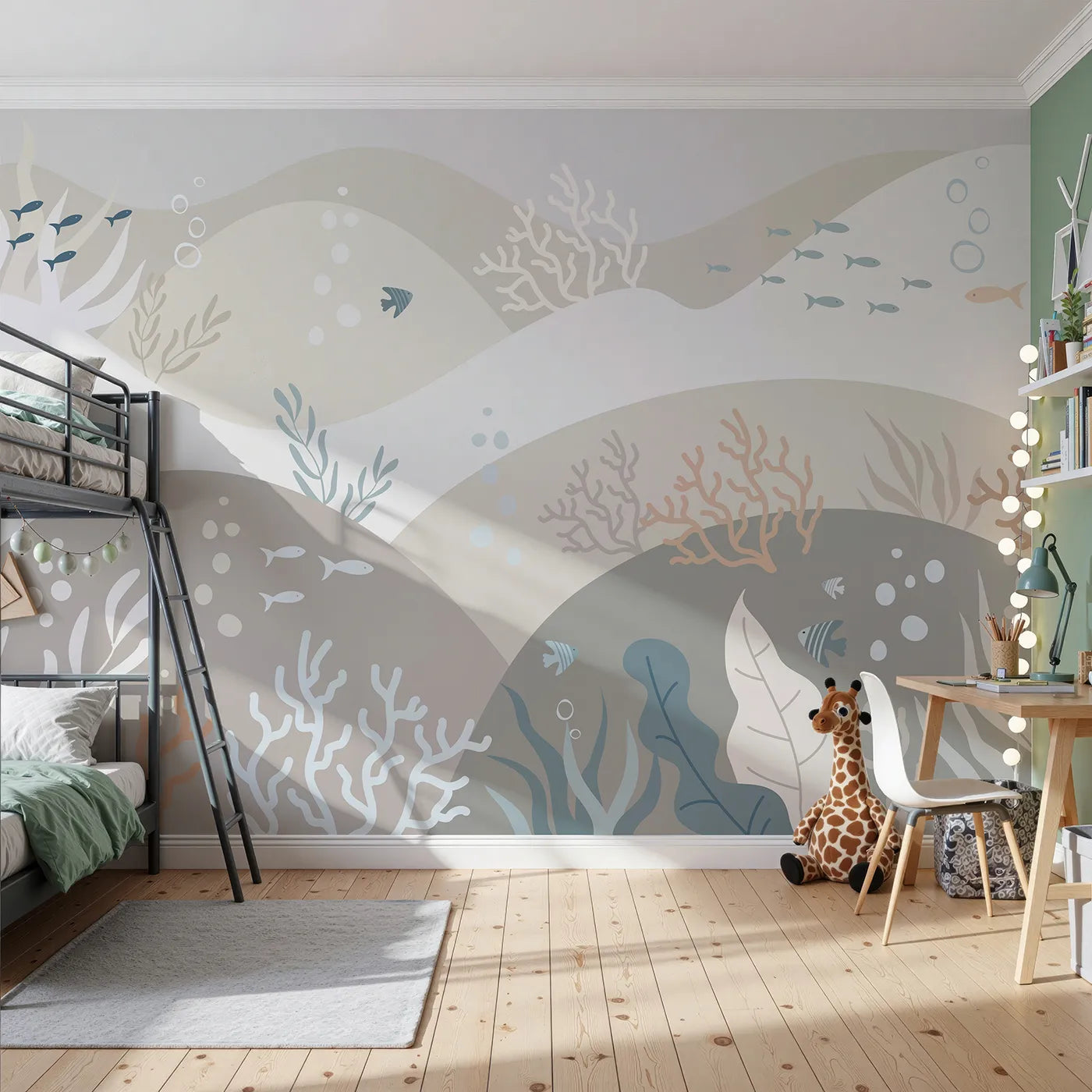 Front view of Whimsy Tots' Neutral Tone Coral Reef Wall Mural