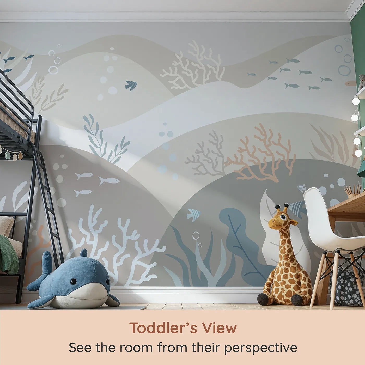 Whimsy Tots Neutral Tone Coral Reef Wall Mural (Turn Their Room into a Calm and Modern Seascape) from your child's view.Gender-Neutral