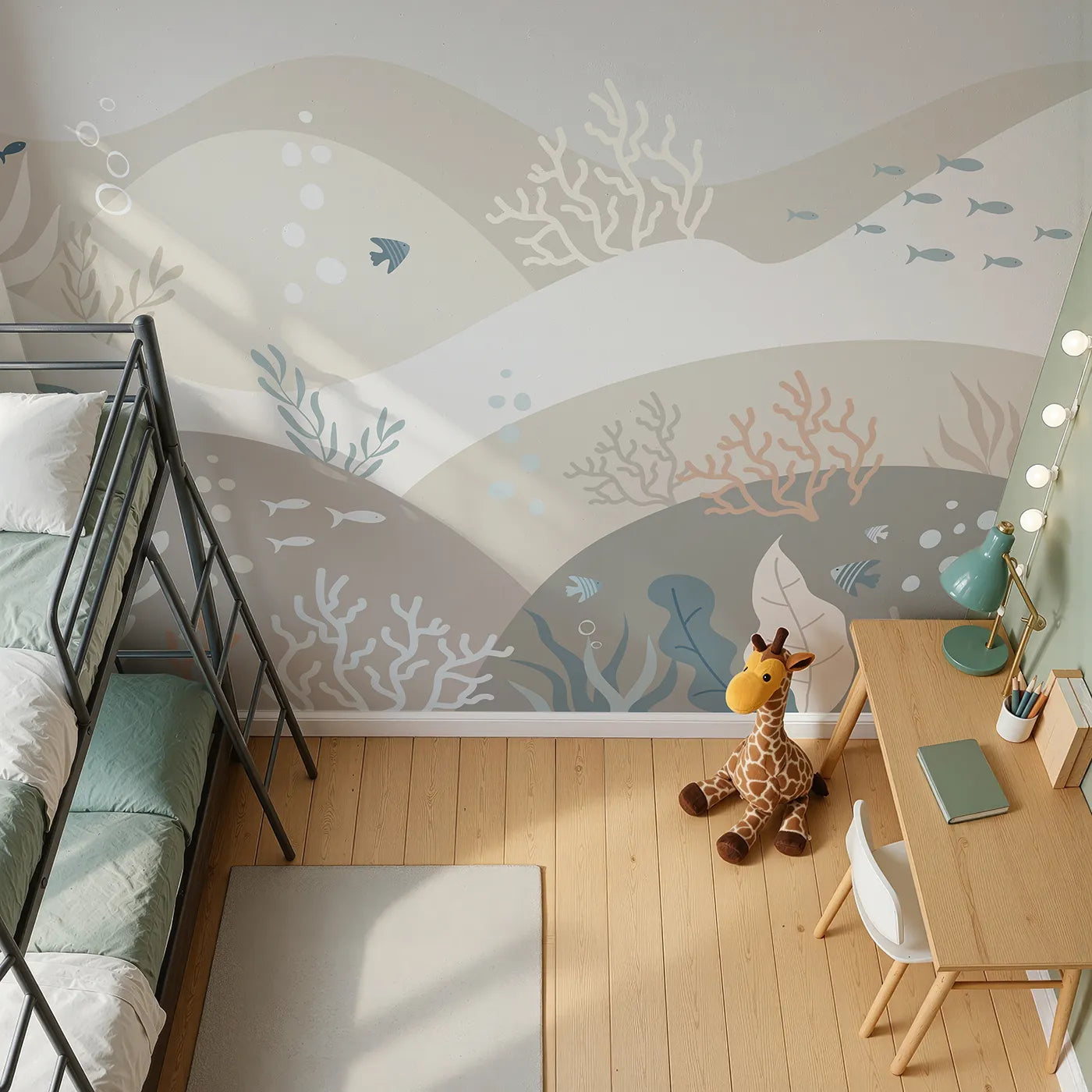 Top-down view of Whimsy Tots' Neutral Tone Coral Reef Wall Mural (Turn Their Room into a Calm and Modern Seascape).Gender-Neutral