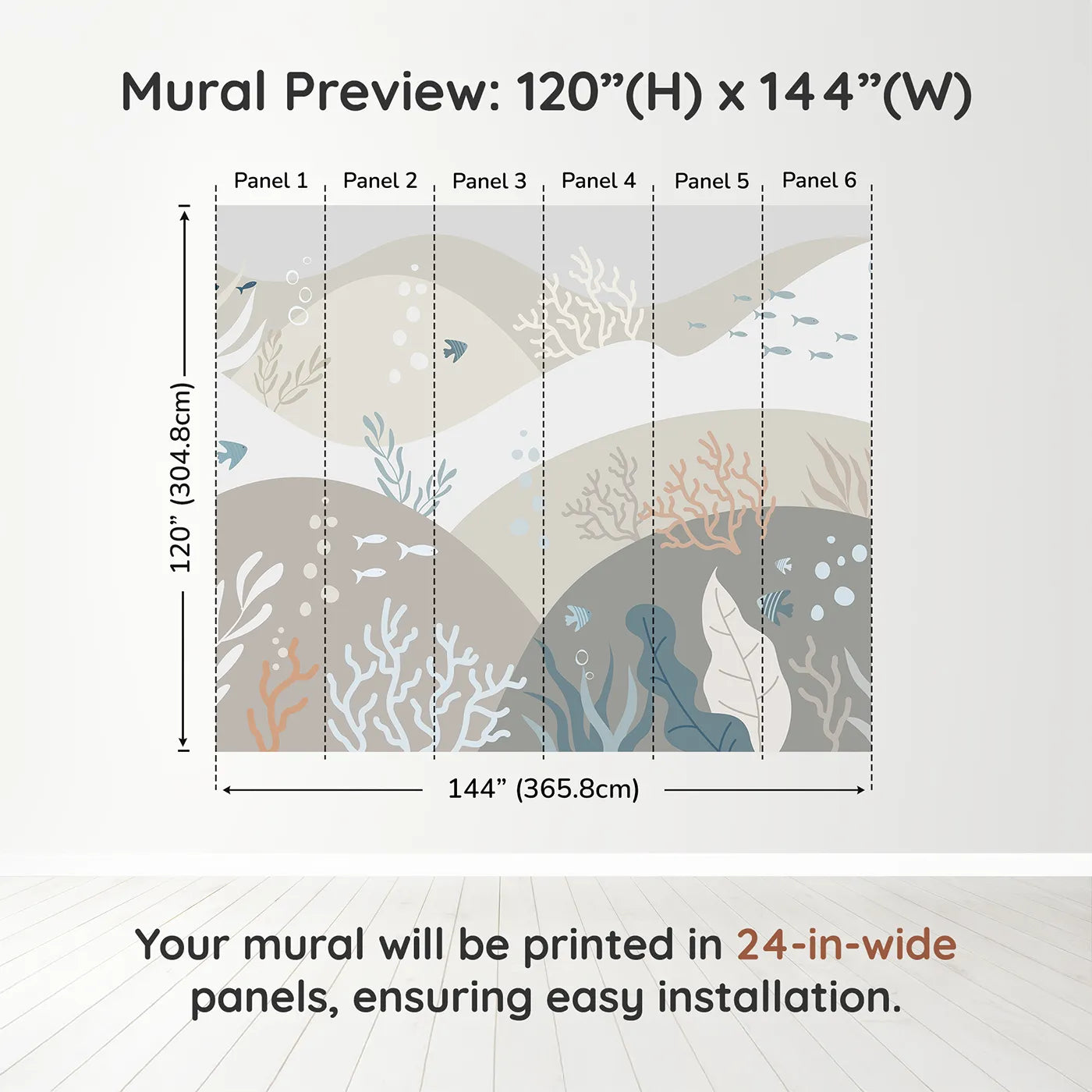 Whimsy Tots Neutral Tone Coral Reef Wall Muraldimension view (120" H x 144" W). Printed in six 24-inch-wide panels. Gender-Neutral