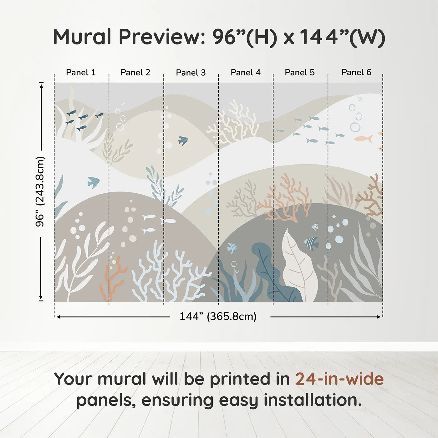 Whimsy Tots Neutral Tone Coral Reef Wall Muraldimension view (96" H x 144" W). Printed in six 24-inch-wide panels. Gender-Neutral