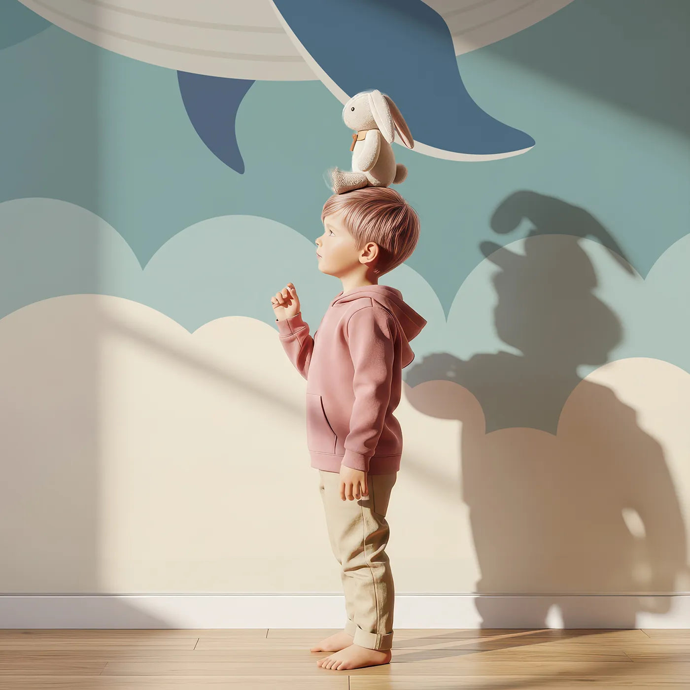 Child in front of Whimsy Tots Flying Village Whale Wall Mural with whale, flying, village, sky, moon, fantasy, cute, surreal in design.