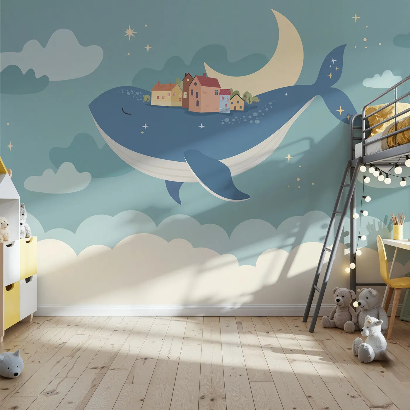 Front view of Whimsy Tots' Flying Village Whale Wall Mural