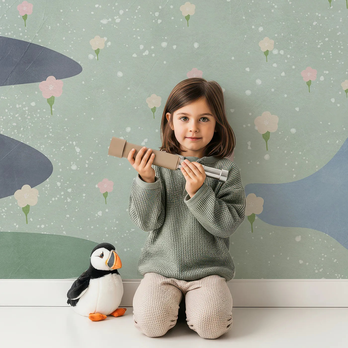 Child in front of Whimsy Tots Abstract Sun and Meadow Wall Mural with abstract, landscape, sun, flower, modern, minimalist, pastel, mountain in design.